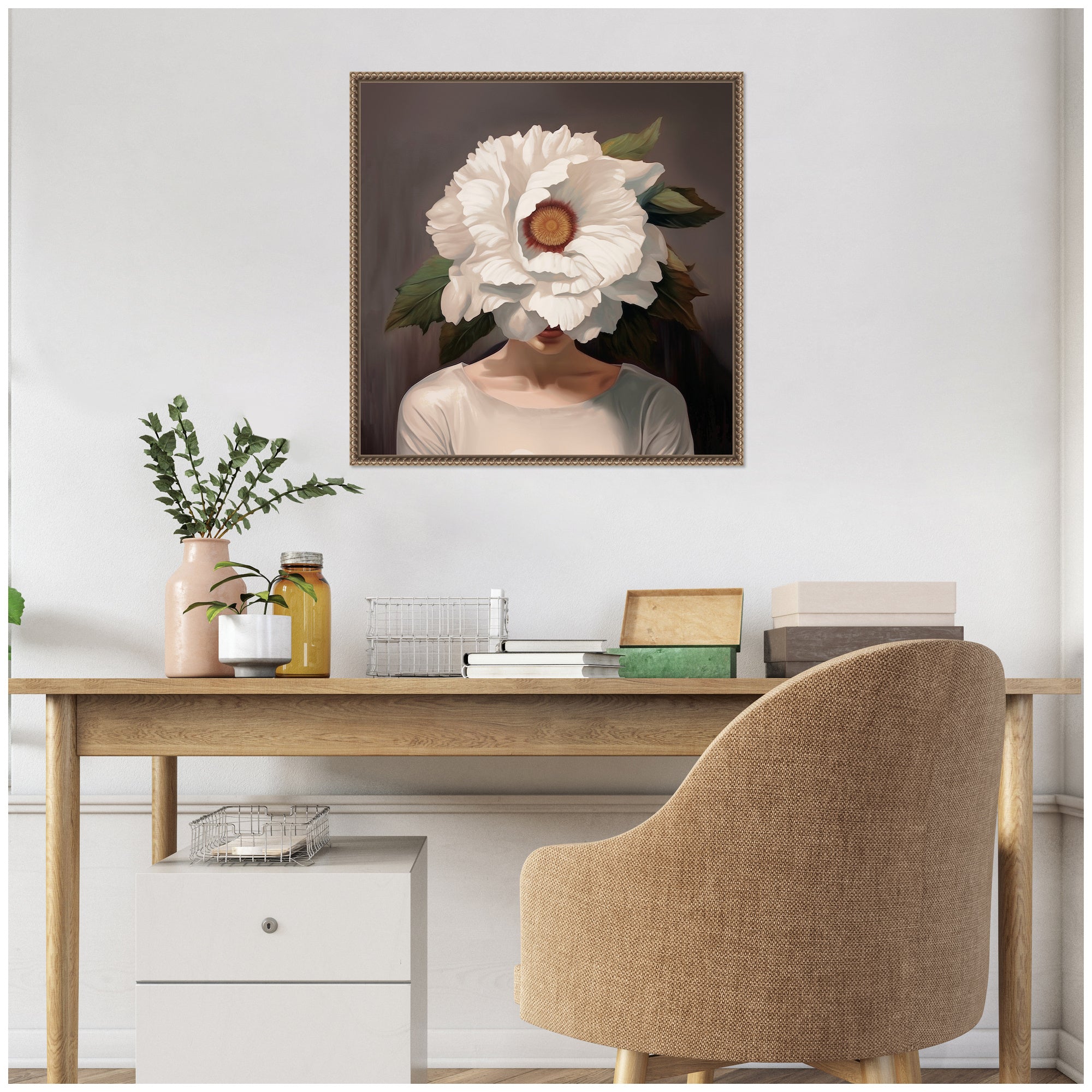 Sylvie White Flower Woman Portrait Framed Canvas by The Creative Bunch Studio