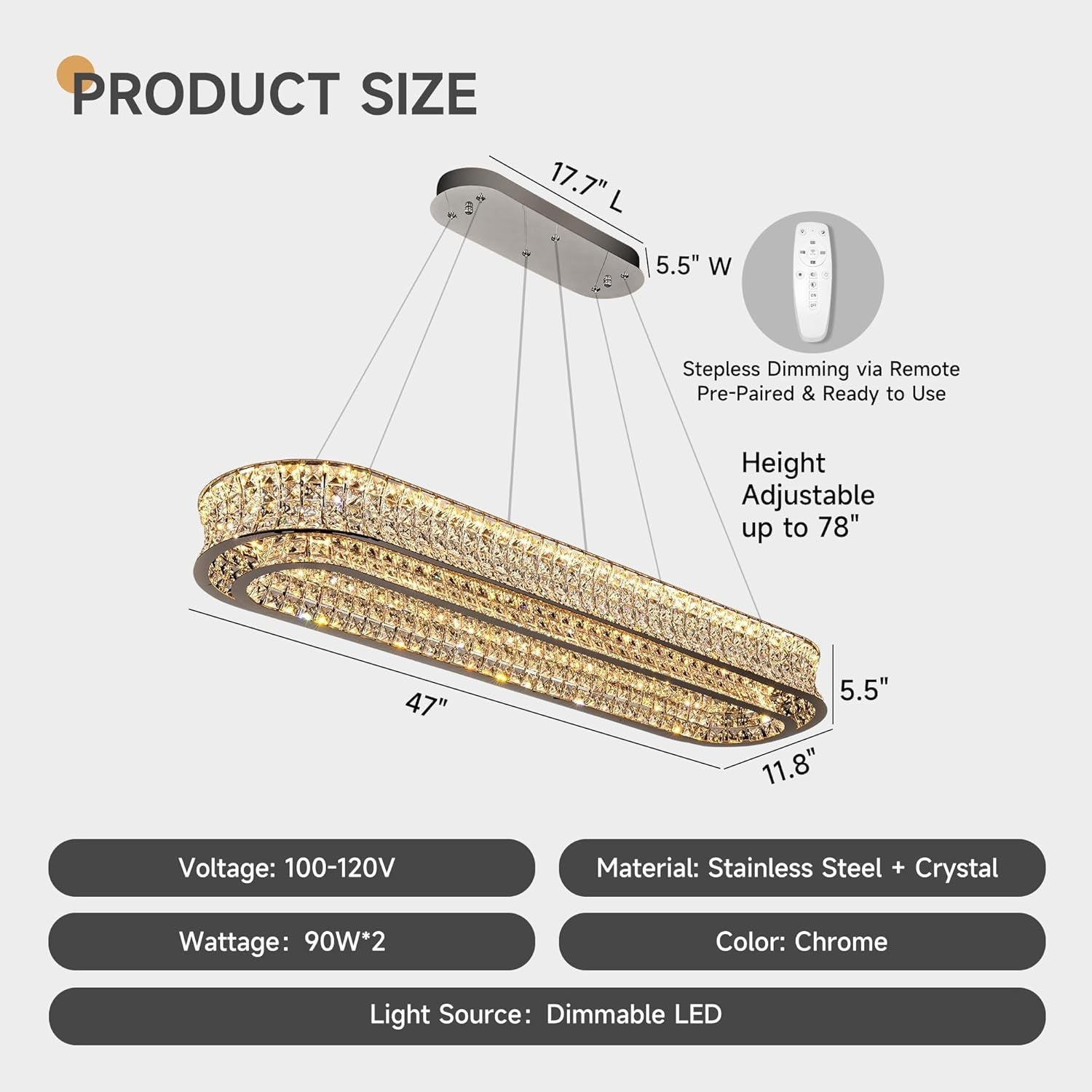 47 Inch Rectangular Chrome Crystal LED Chandeliers-3