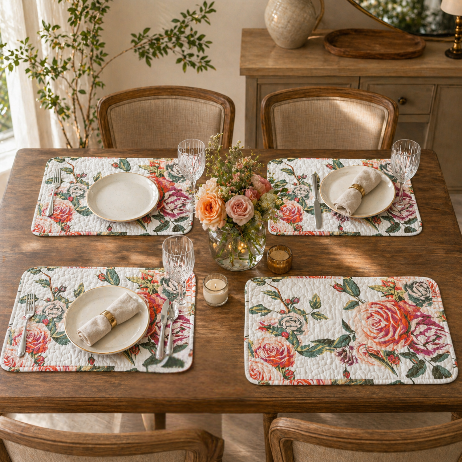 DaDa Bedding Set of 4-Pieces Romantic Roses Pink Floral Quilted Dining Placemats 13” x 19” (879)
