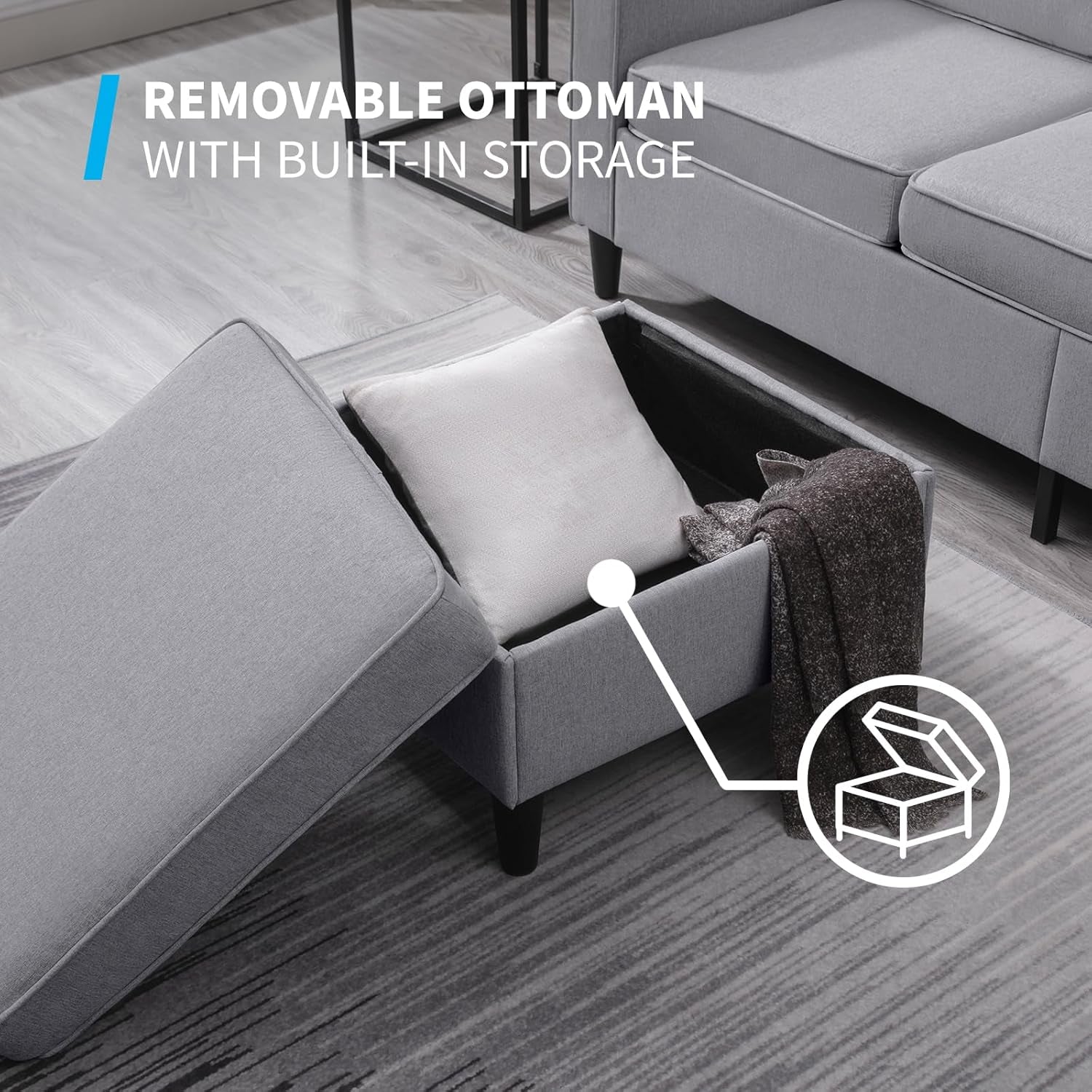 Light Grey Convertible Sofa Set With Storage Ottoman