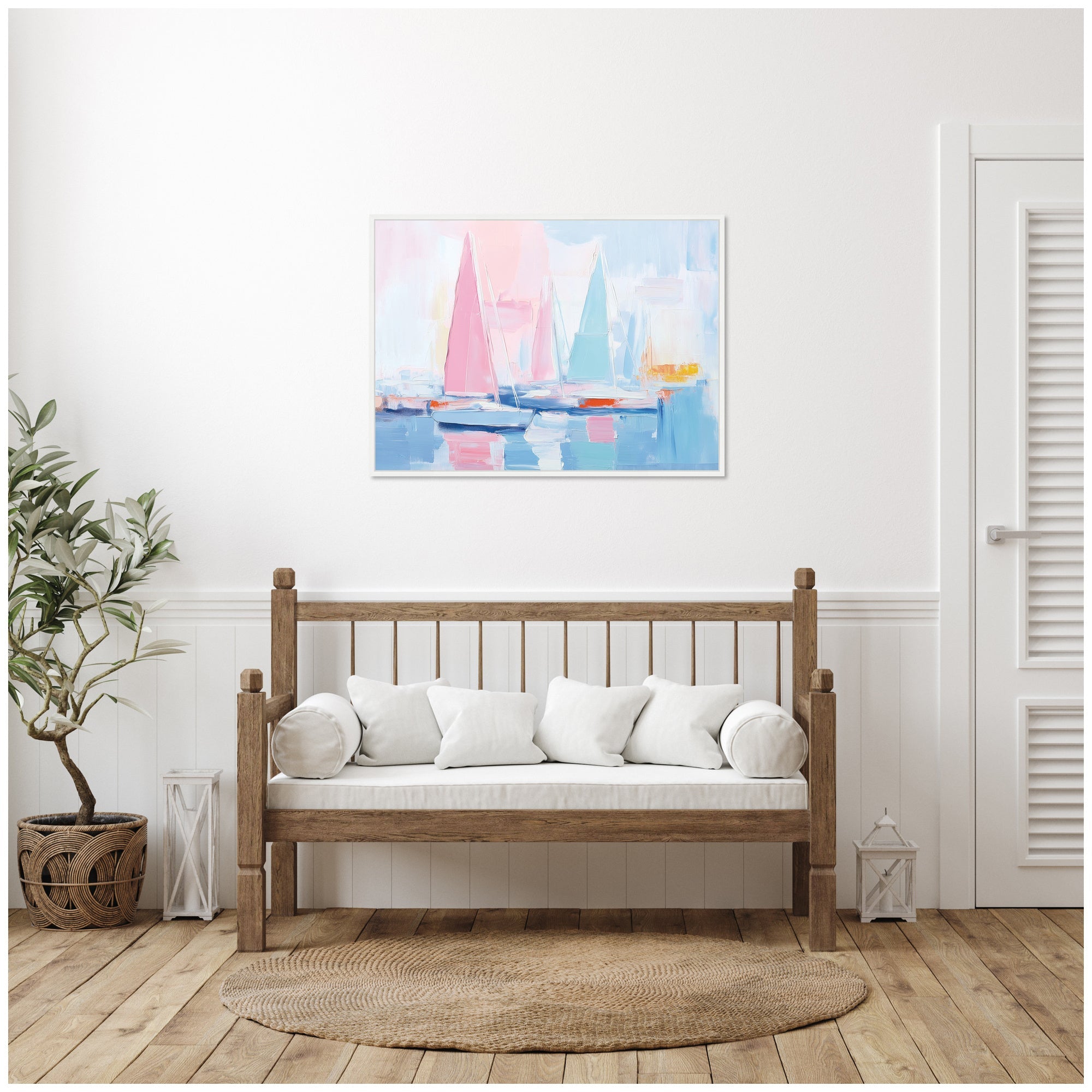 Sylvie Abstract Sailboat Harbor Landscape Pastel and Pops of Color Framed Canvas by The Creative Bunch Studio