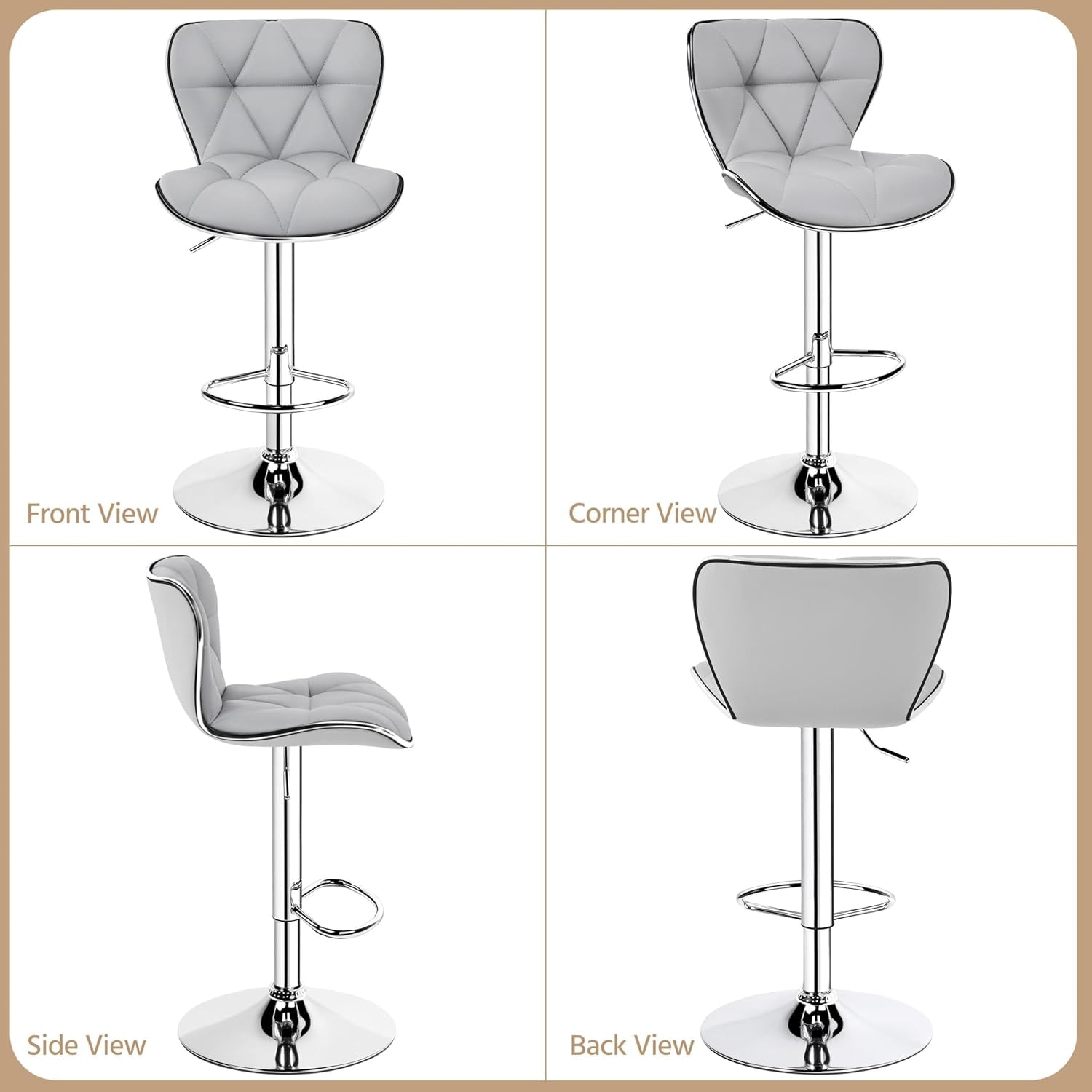 Bar Stools Set Of 2 Adjustable Swivel PU Leather Light Grey