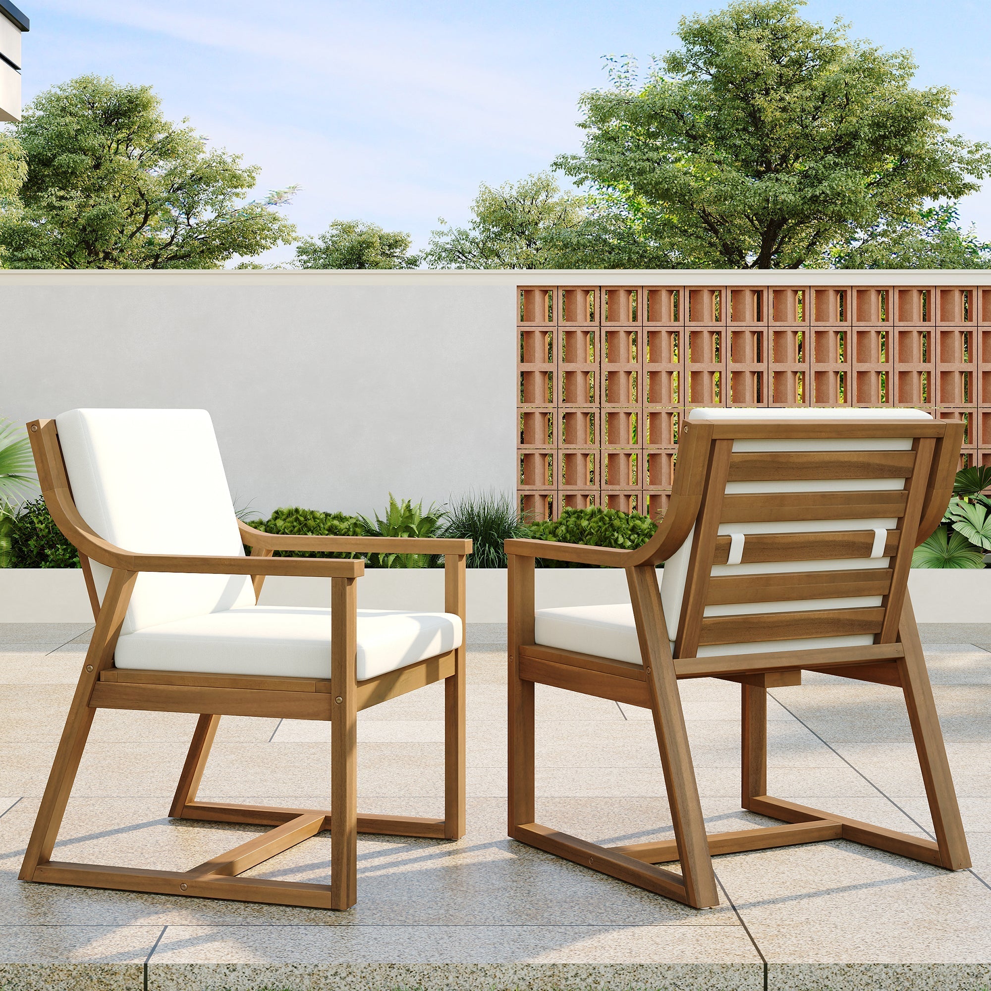 TREXM Patio Dining Chair Set of 2, Wood Outdoor Armchairs with Removable Cushions