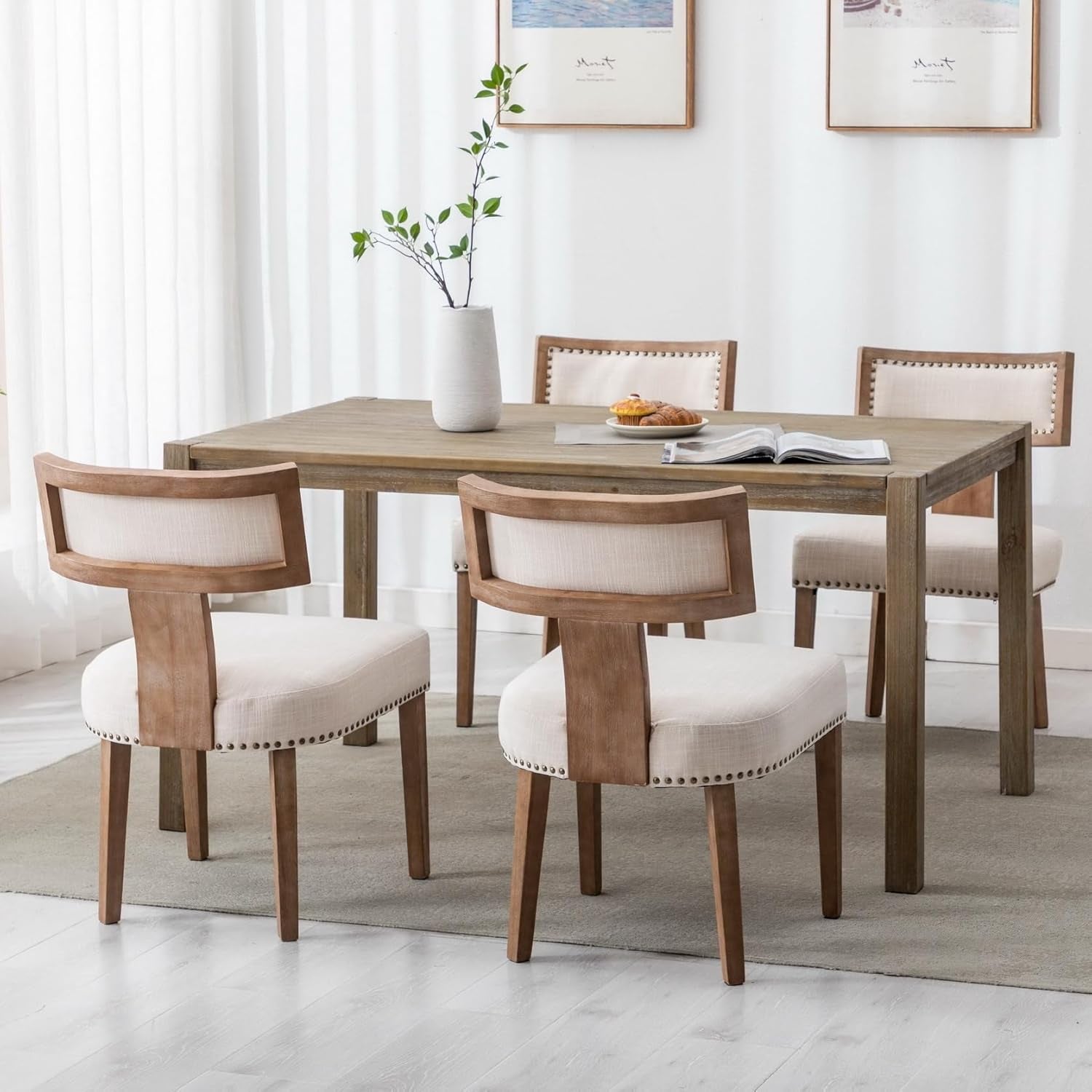 Mid Century Modern Armless Dining Chairs Beige Tone