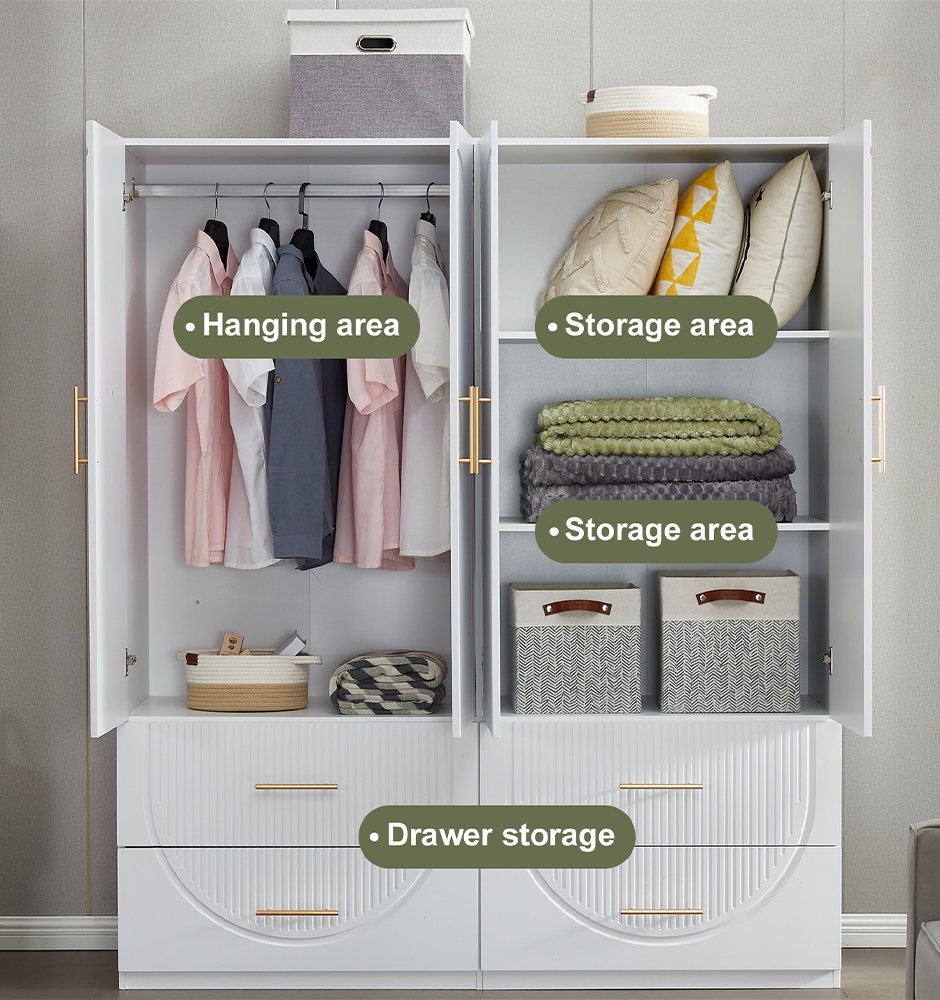 74.2'' H 4-Door White Wooden Armoire Wardrobe | Freestanding Storage Closet with Gold Handles, Hanging Rod, Shelves & Drawers