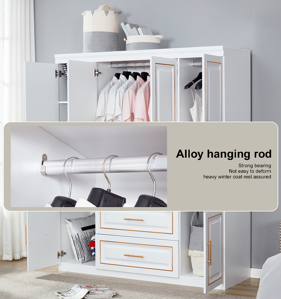 74'' H 4-Door White Wooden Wardrobe Closet | Freestanding Bedroom Armoire with 2 Drawers, Hanging Rod & Storage Shelves