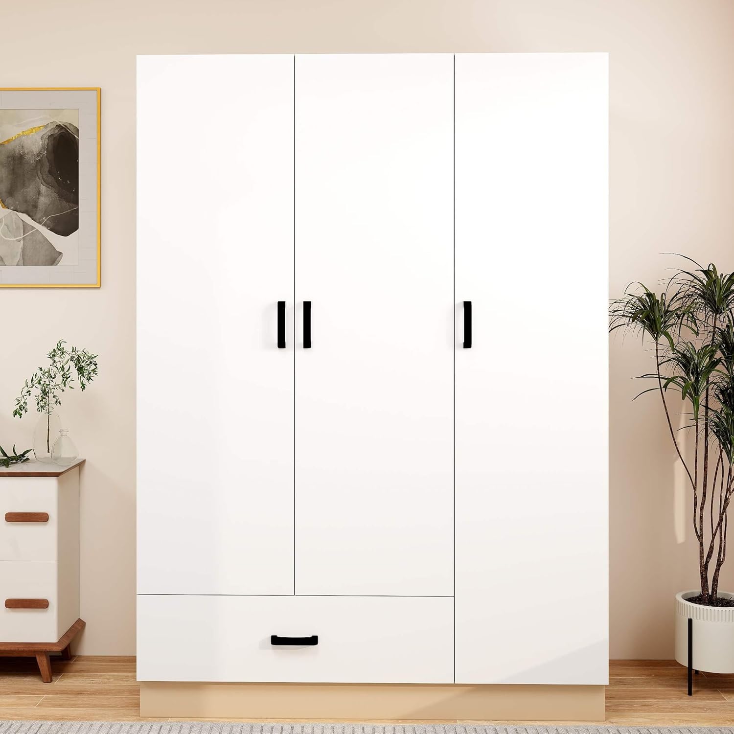 69" High Wooden Wardrobe Closet , 3 Doors & Drawers | White Bedroom Armoire