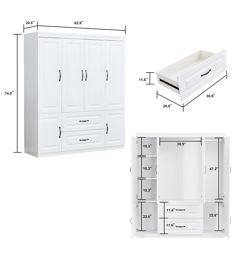 4'' H White Wooden Armoire Wardrobe Closet | Freestanding Bedroom Storage Cabinet with 4 Doors, Hanging Rod, Shelves & 2 Drawers