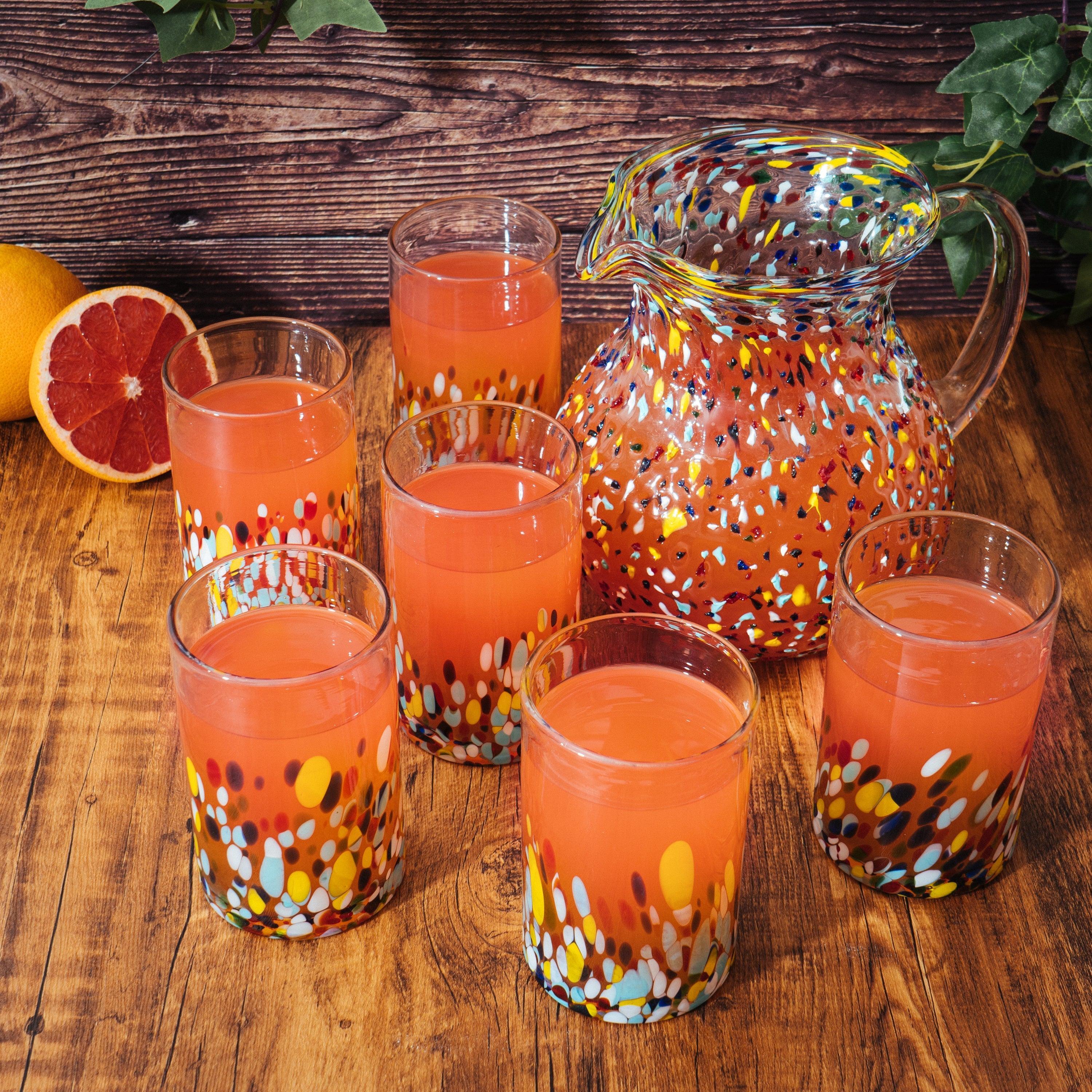 The Wine Savant Hand Blown Mexican Drinking Glasses and Pitcher – Set of 6 with Mexican Confetti Design (14 oz each) and Pitcher (84 Ounces) (Confetti)-1