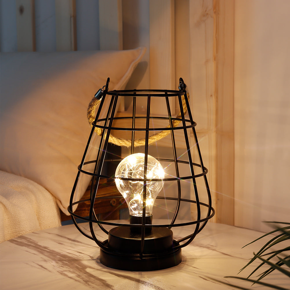 JHY DESIGN 8.5"H Cage Lantern: Decorative Table Lamp, Battery-Powered, Cordless, Warm White Fairy Lights + LED Edison Bulb (Black)-4