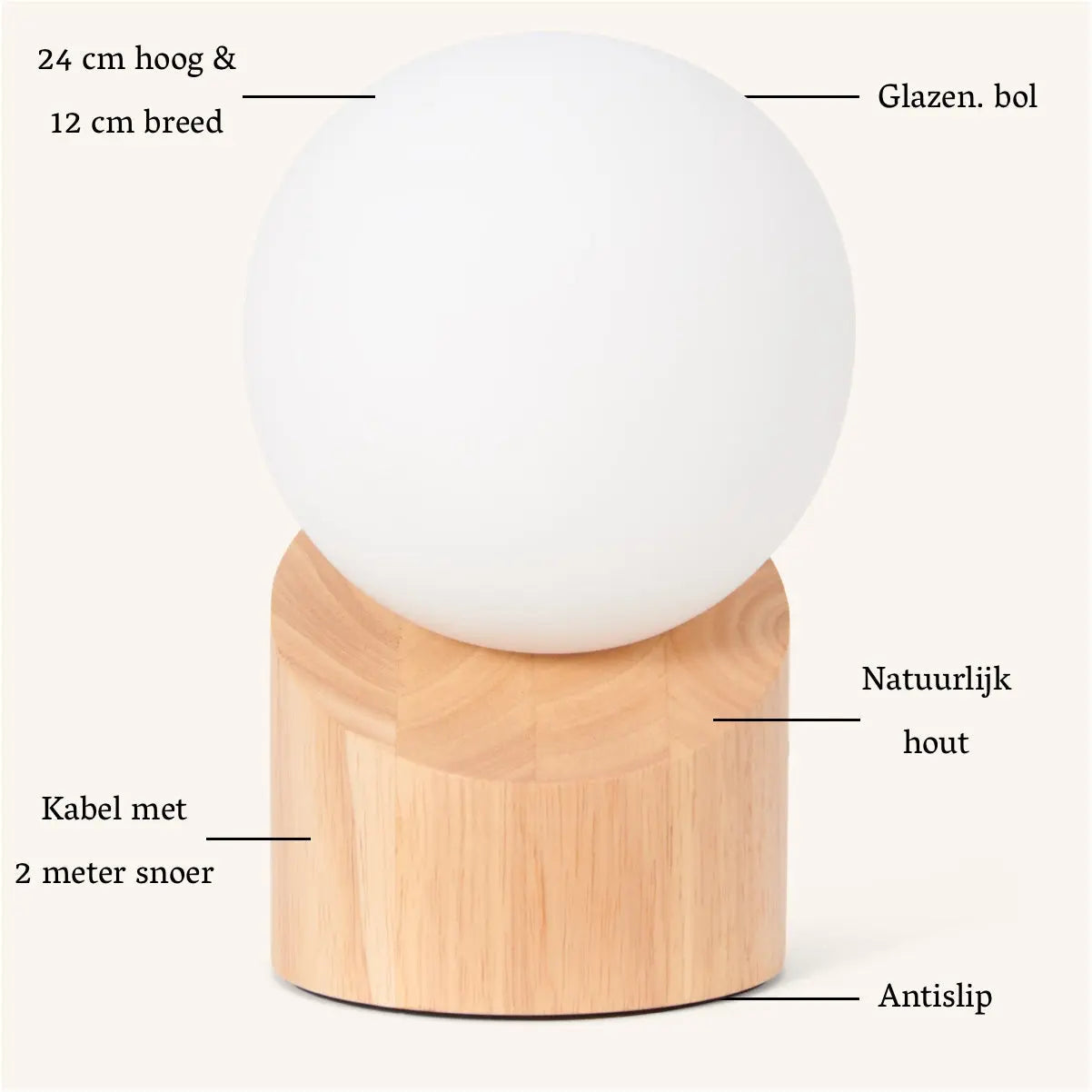 Quin Wooden Lamp with Cord - Sustainable Rubberwood & Frosted Glass-3