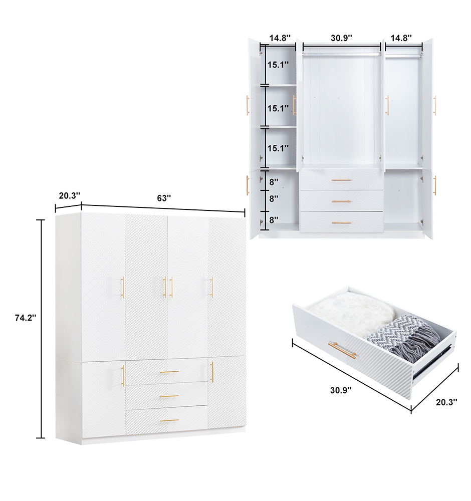 74.2" Tall White Wardrobe Closet with 4 Doors, 3 Drawers, Shelves & Hanging Rod – Freestanding Storage Cabinet for Bedroom or Bathroom Clothes Organization