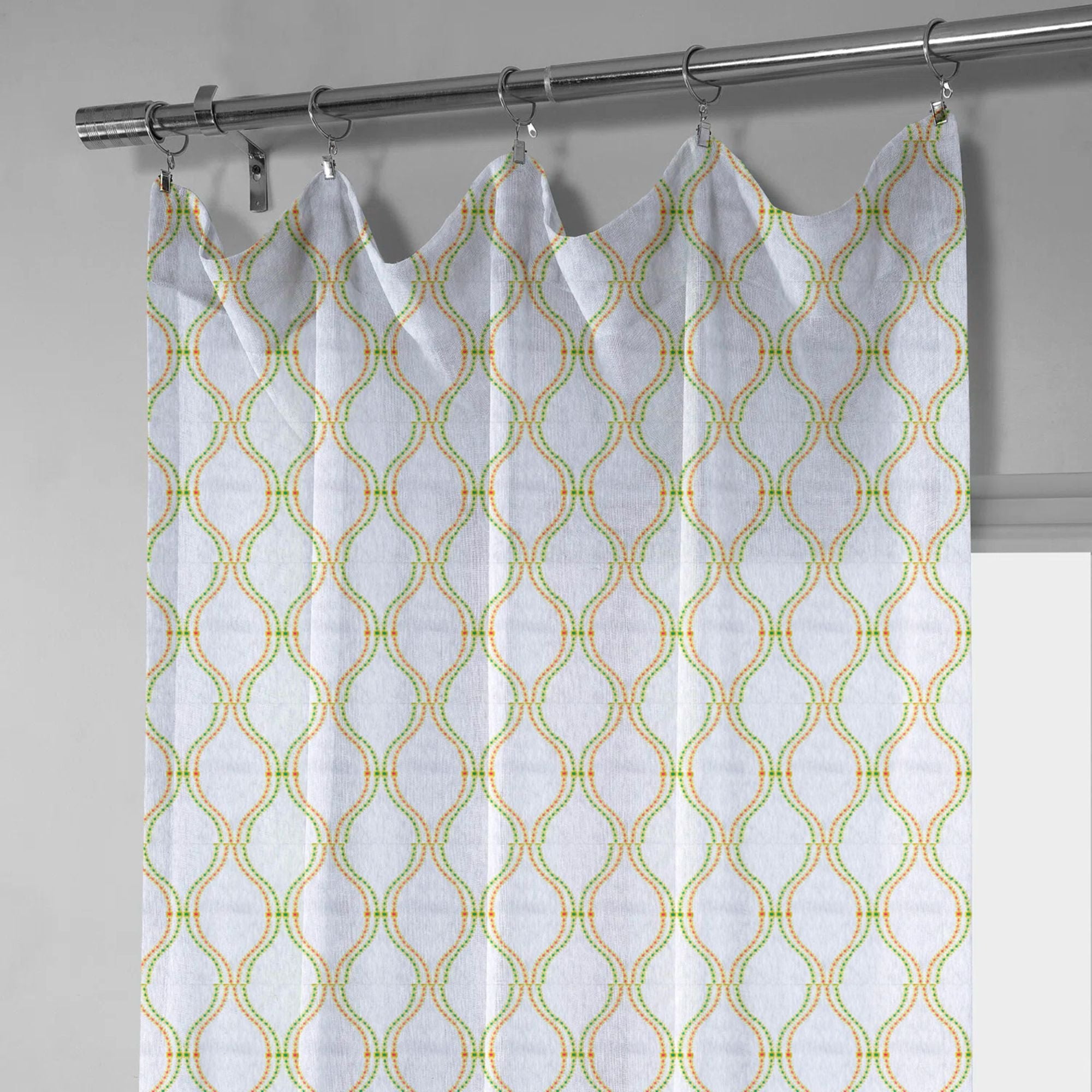 White Green & Orange Linen Sheer Curtains | Ogee Trellis Embroidery-1