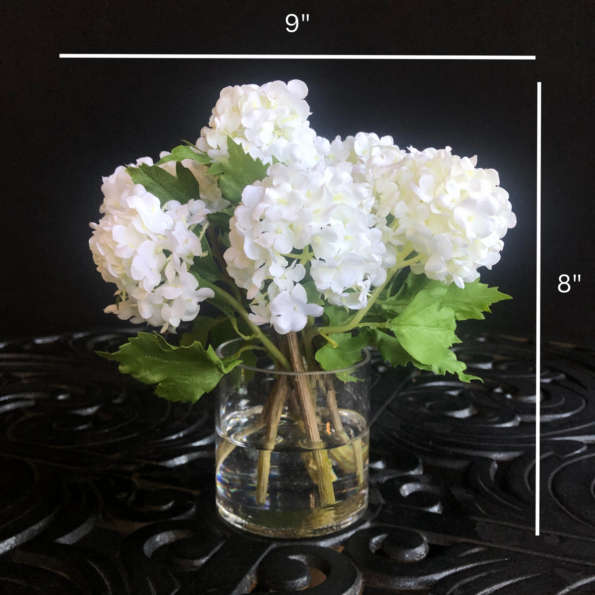 Real touch white hydrangea arrangement in glass vase - 8"
