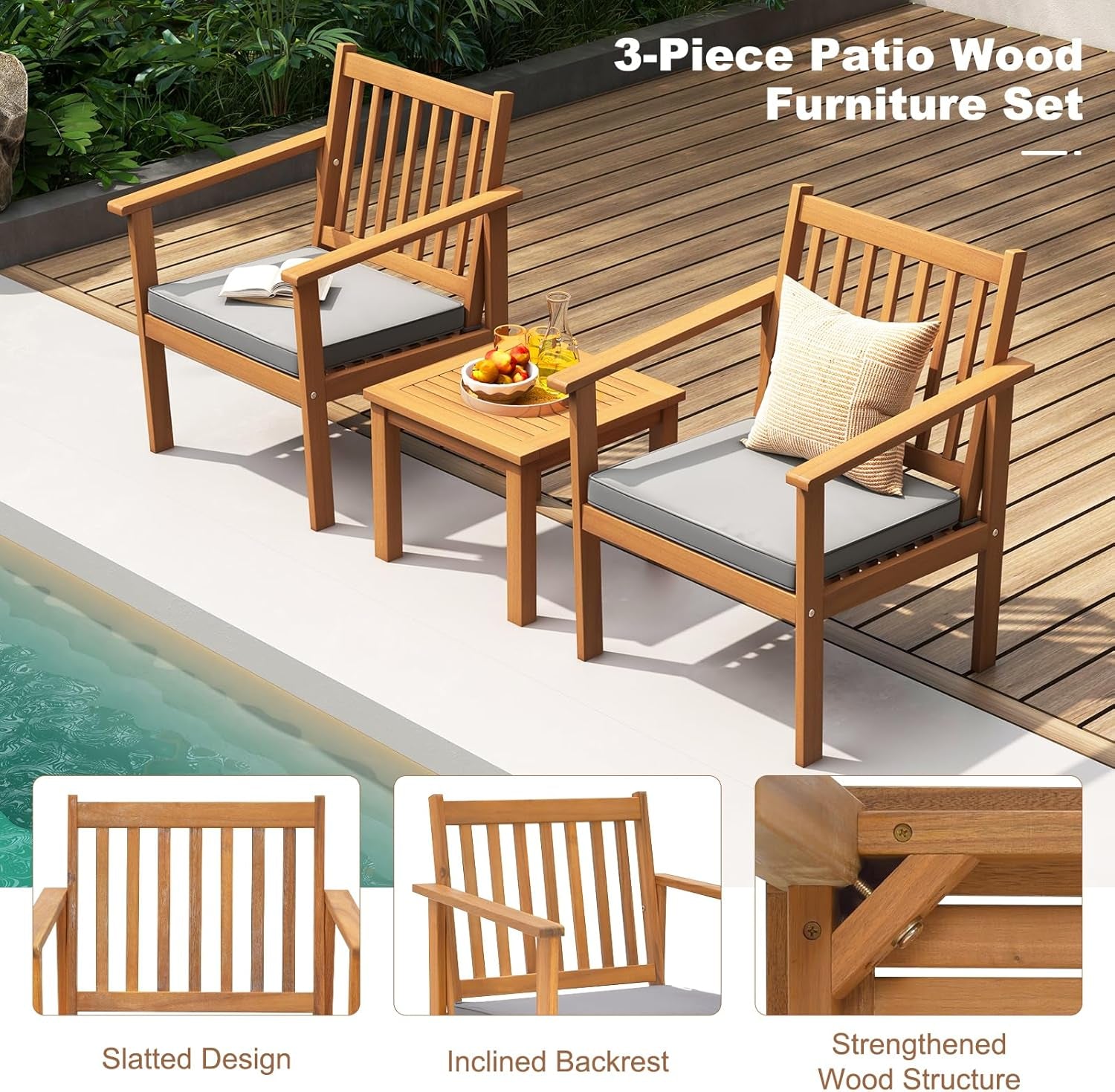 3 Piece Patio Wood Furniture Set With Acacia Wood Chairs And Coffee Table Cushions Slatted Grey Outdoor Set