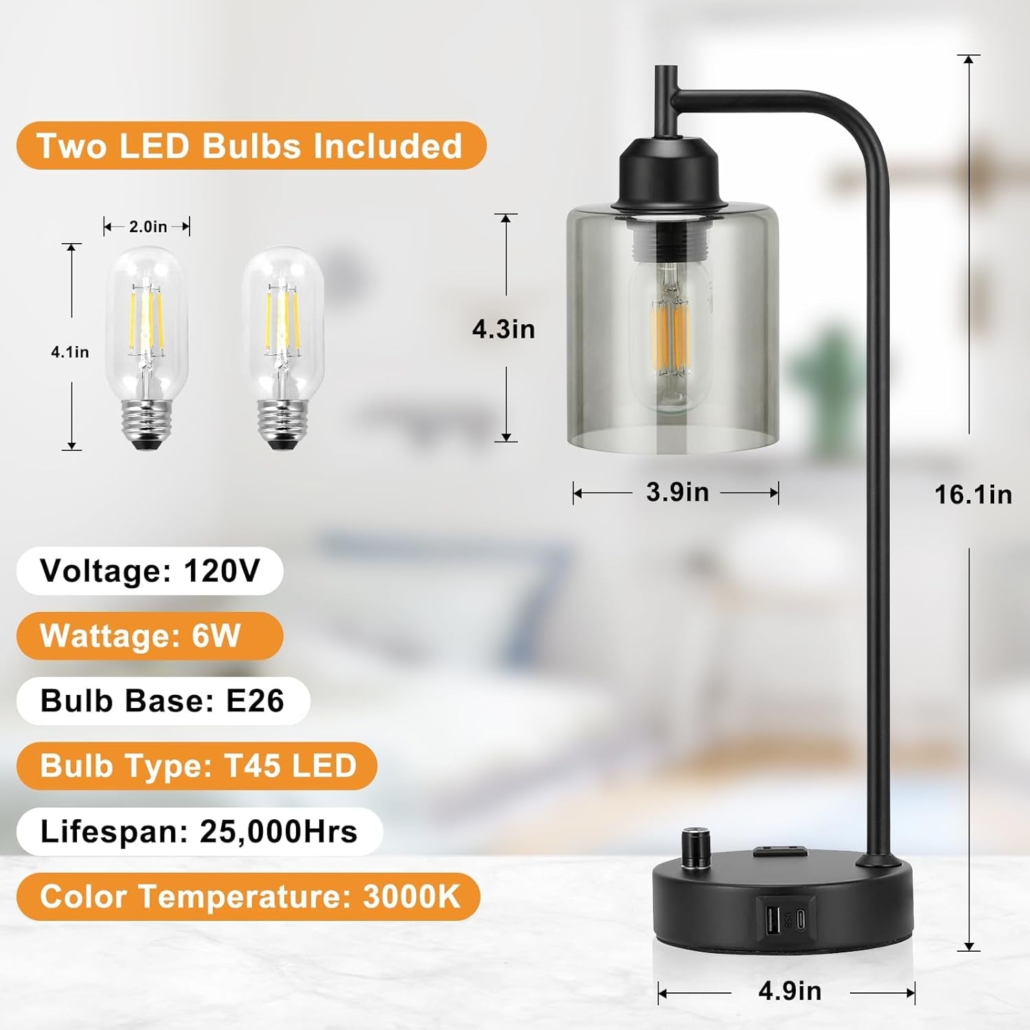 Industrial Desk Lamps 2 Pack Dimmable With USB C Ports