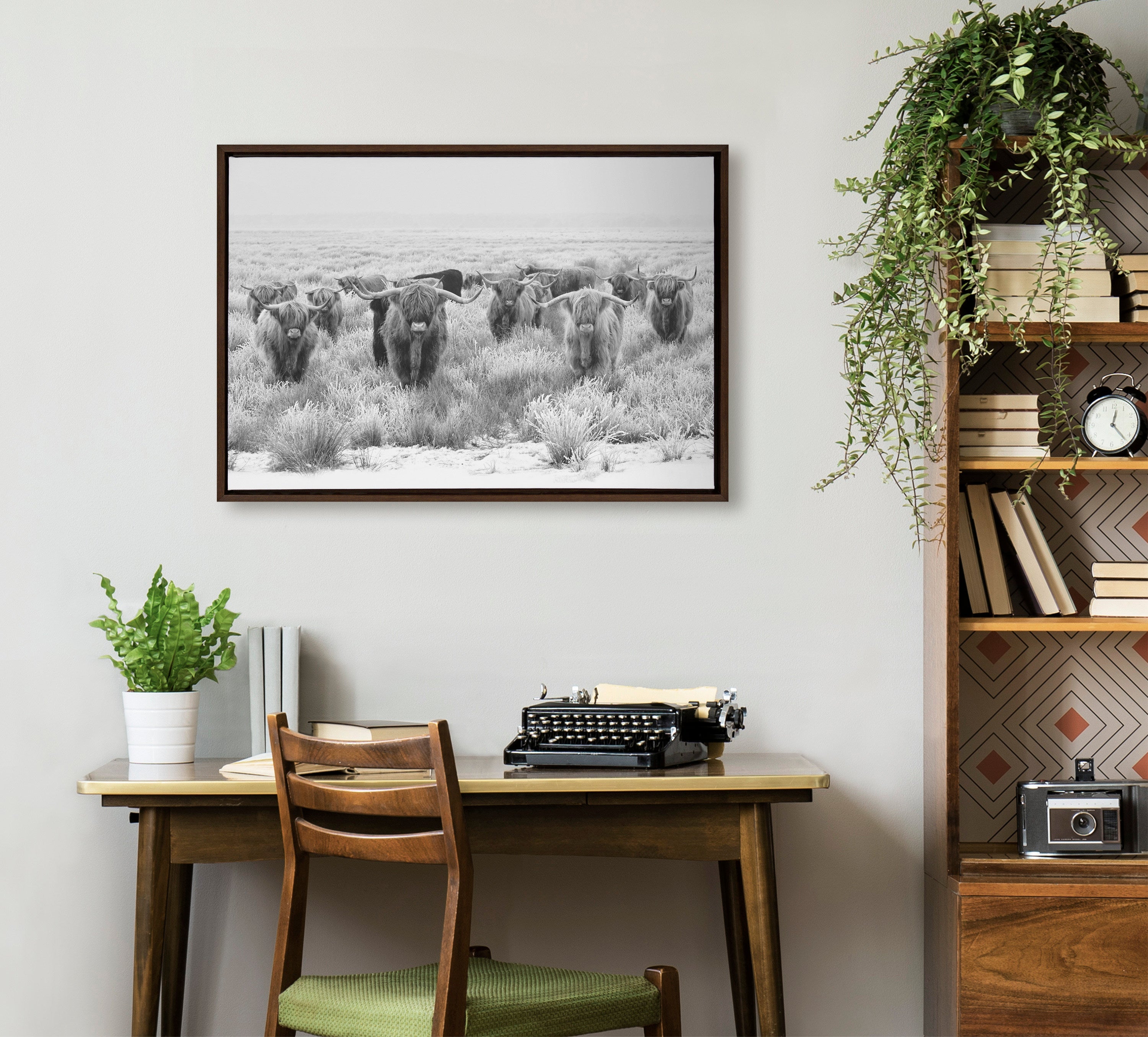 Sylvie Herd of Highland Cows Black and White Framed Canvas by The Creative Bunch Studio
