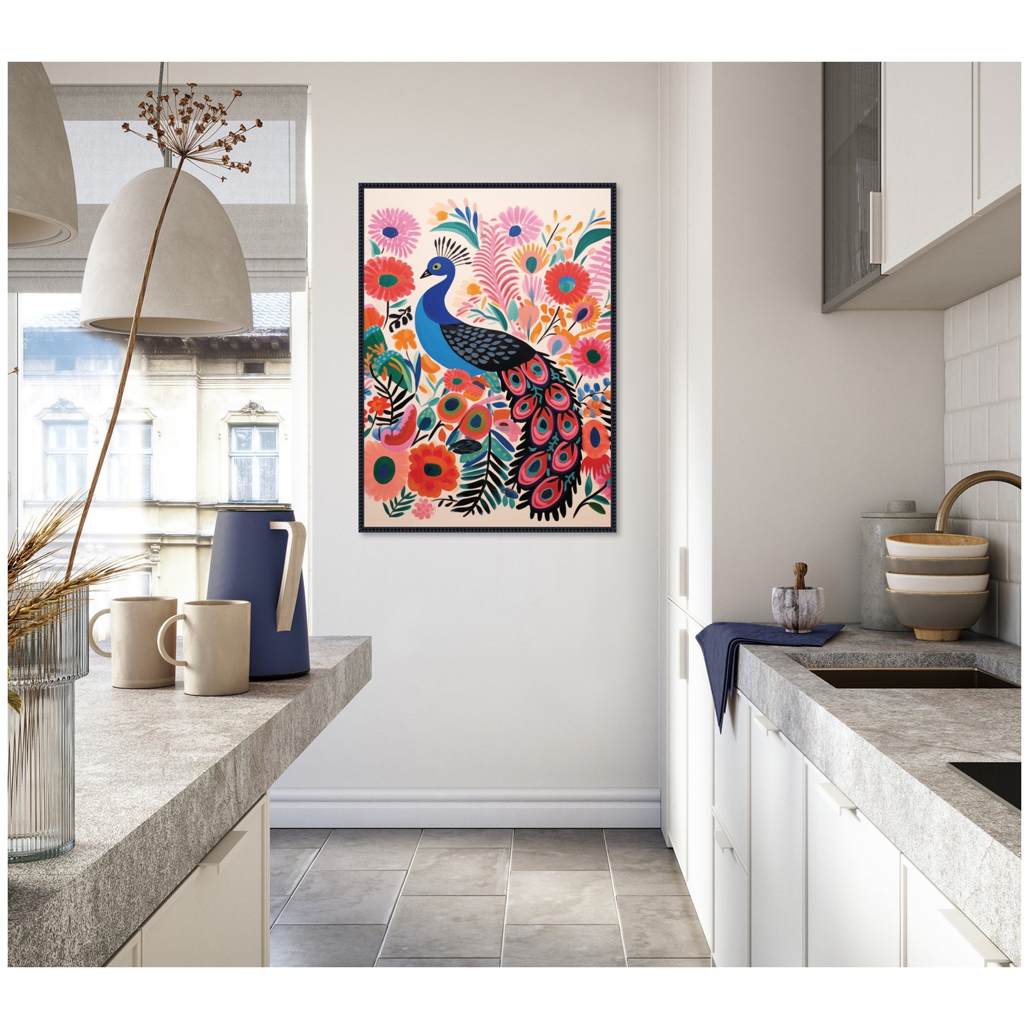 Bright Colorful Boho Peacock by The Creative Bunch Studio Framed Canvas Wall Art Print