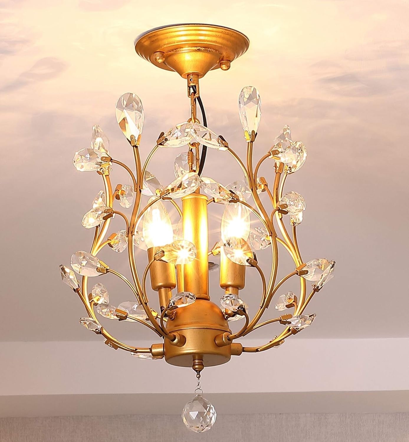 Gold Three Light Crystal Chandelier Ceiling Fixture-1