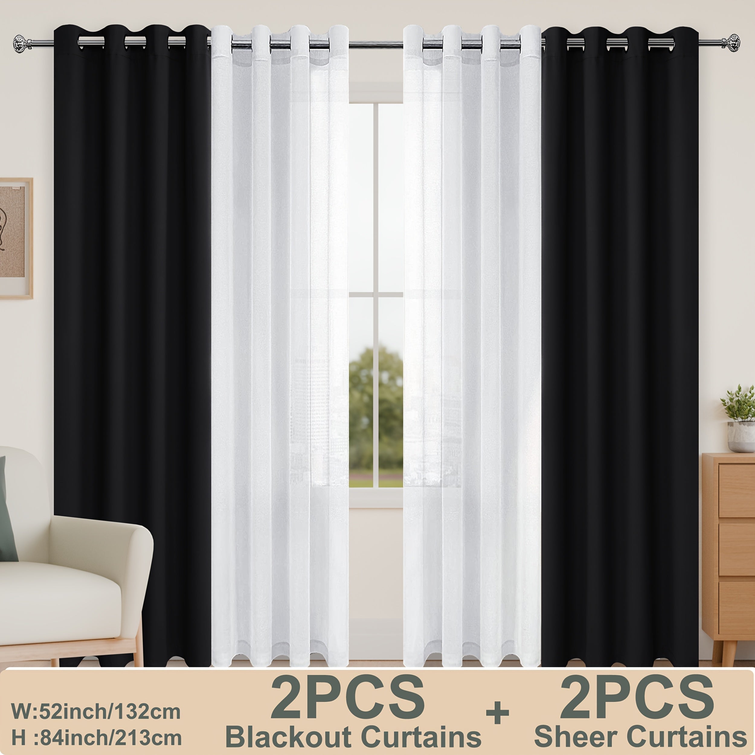 4pcs/SET Curtains - 2pcs Blackout Curtains with Tiebacks And 2pcs Sheer Curtains-6
