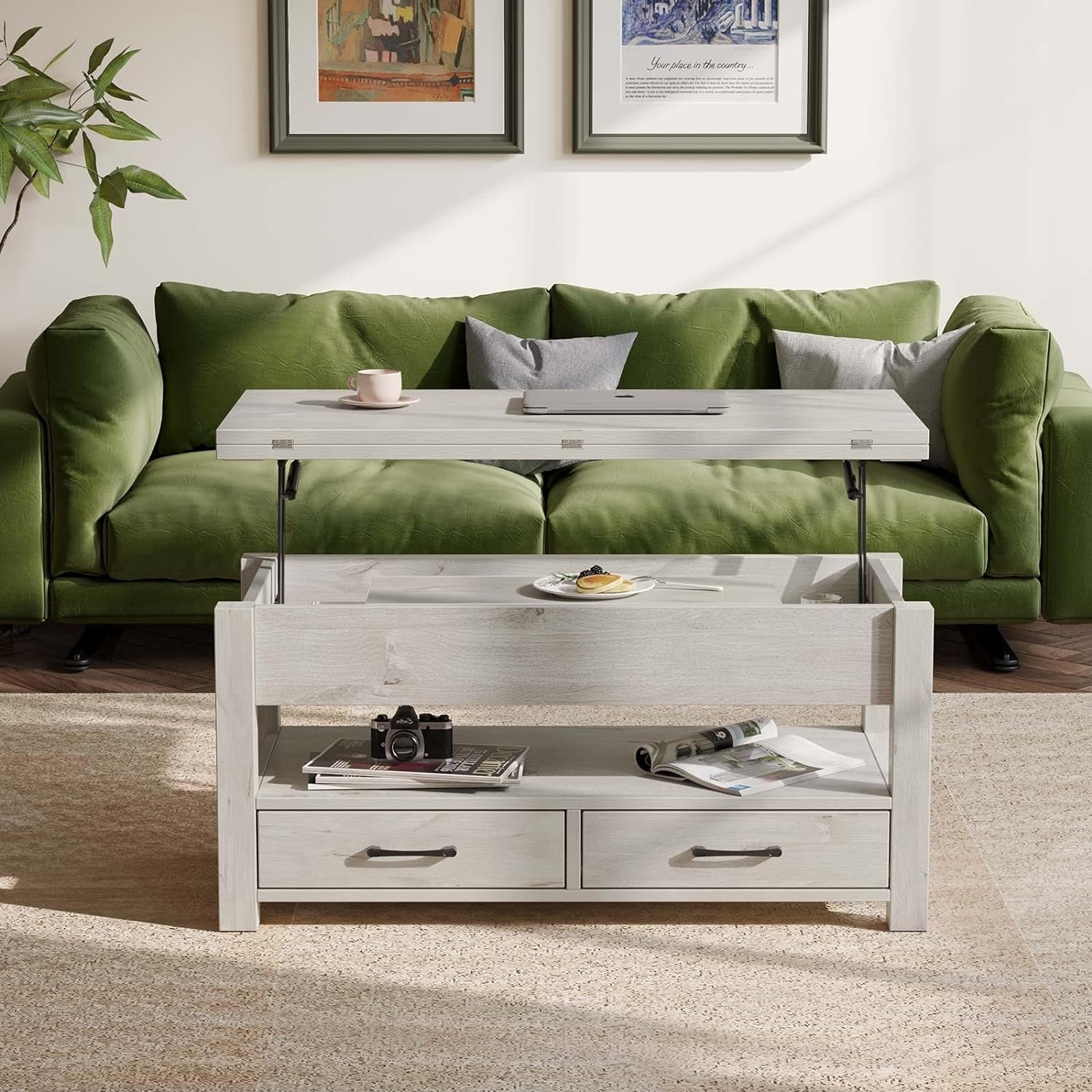 Grey Lift Top Coffee Table With Drawers Hidden Compartment