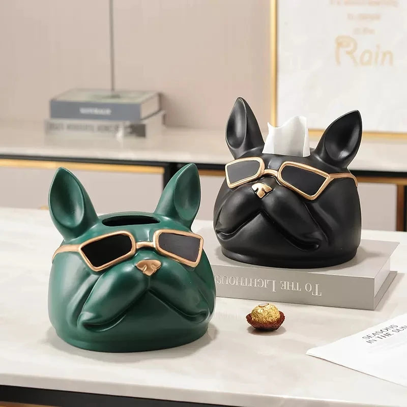 Dog Head Tissue Box Holder for Table French Bulldog Head Statue