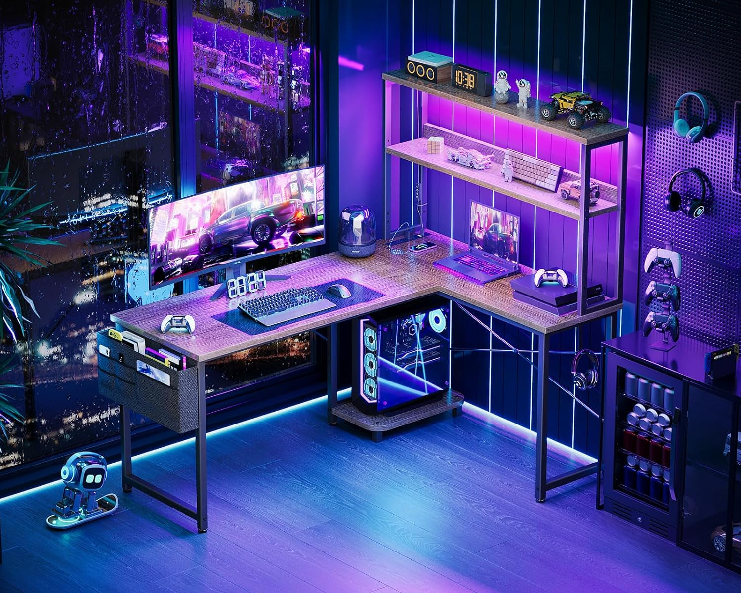 53 Inch L Shaped Gaming Desk Grey Oak Home Office Workspace