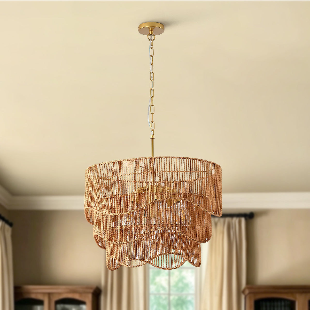 Handwoven Paper Rattan Boho Chandelier with Adjustable Height