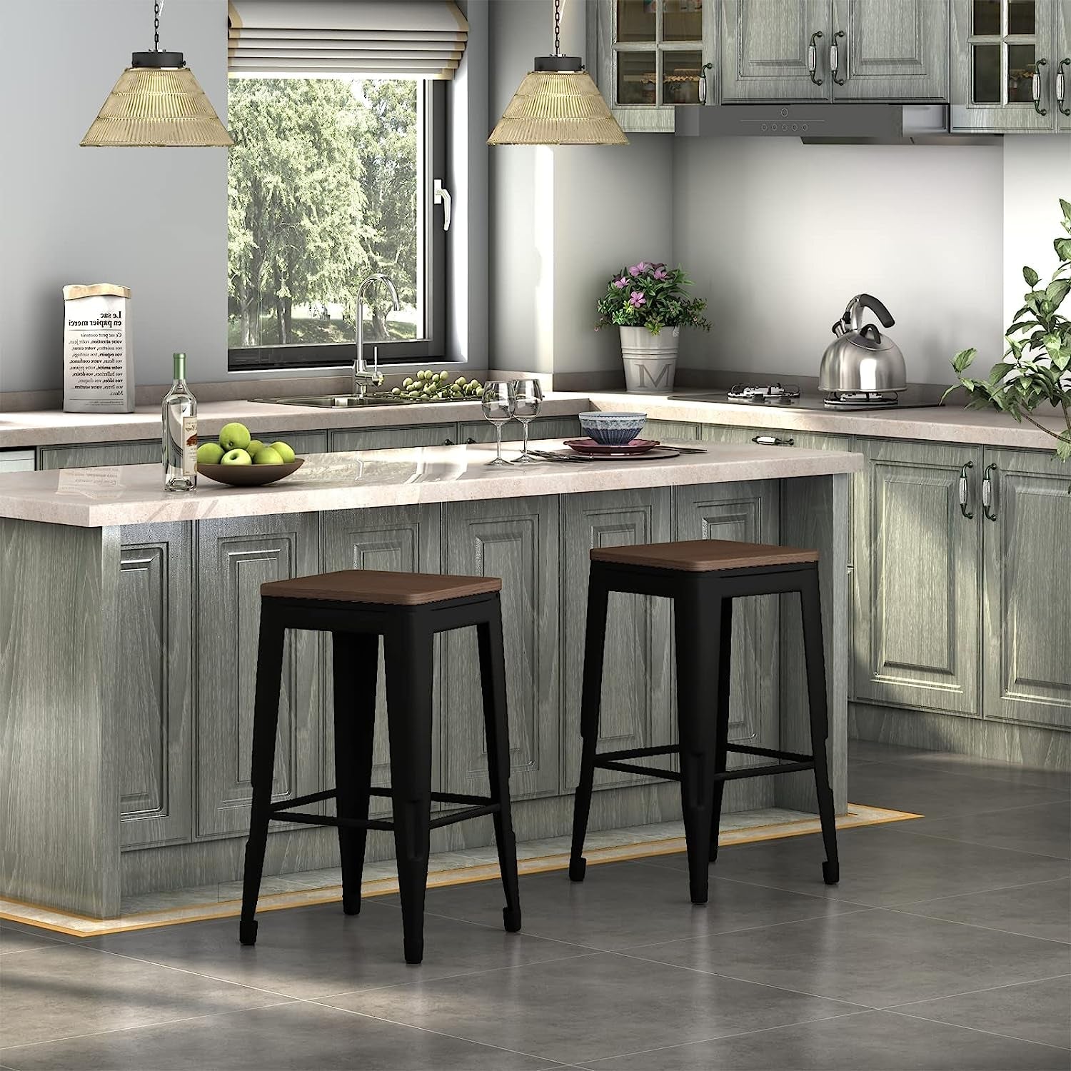 Square Metal Bar Stool Set Of 2, Stackable, 330 Lb Capacity