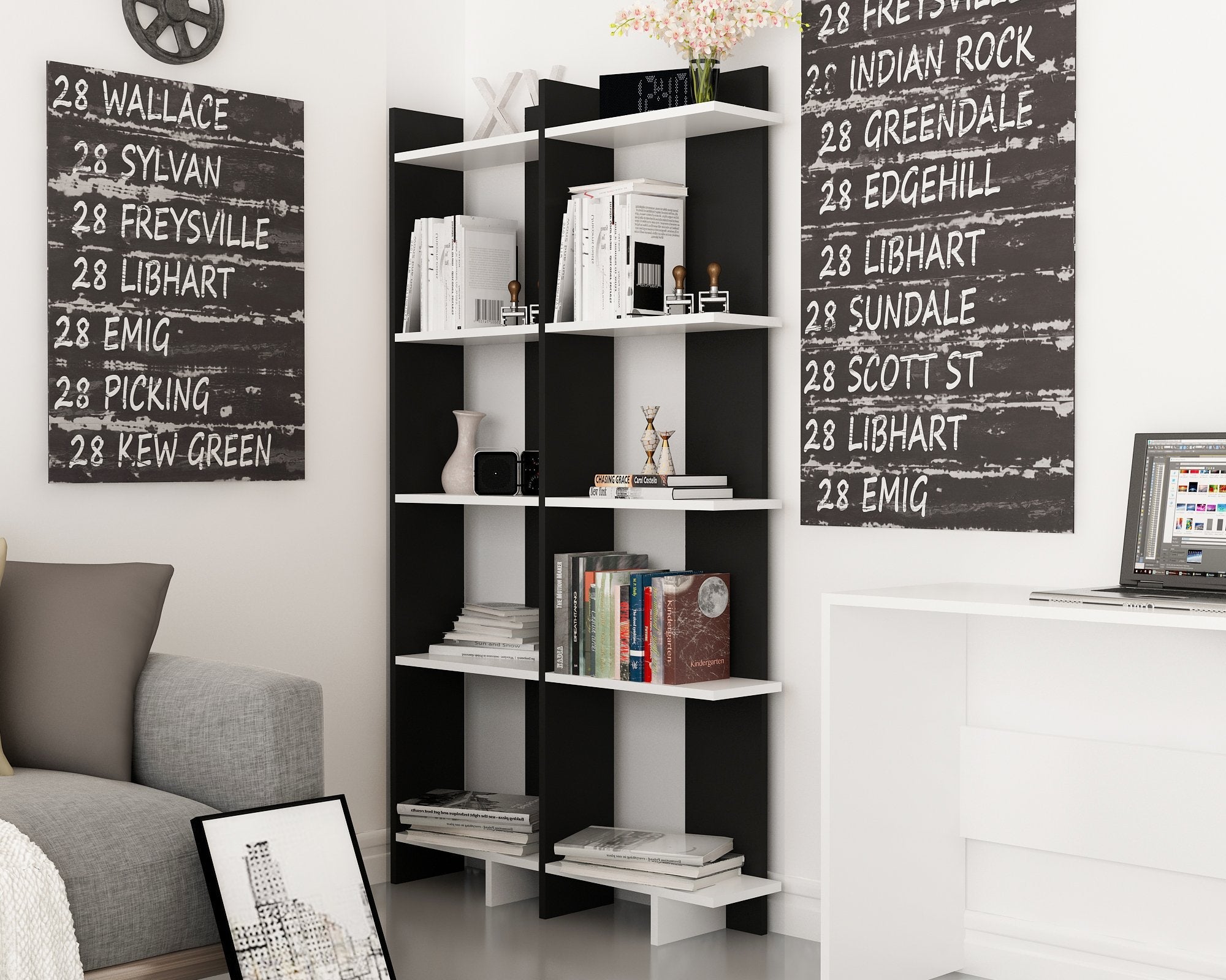 Alice 67” Corner Bookcase – 5-Tier Narrow L-Shaped Wall-Mounted Corner Bookshelf