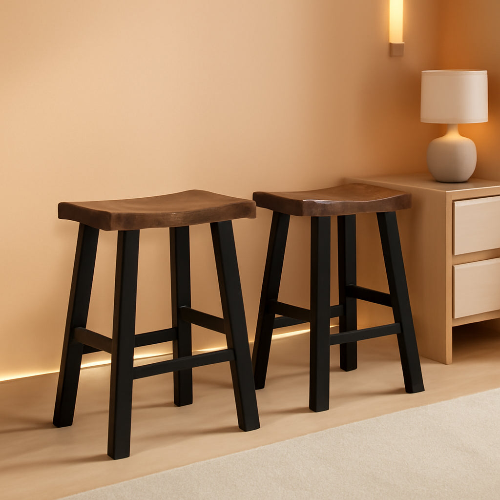 29 Inch Saddle Bar Stools Set Of 2 Rustic Brown Wood Frame Backless