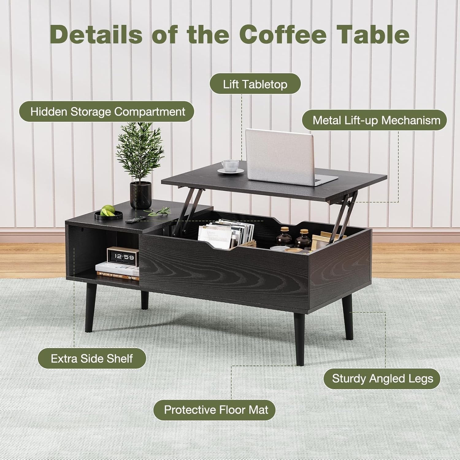 Black Wood Lift Top Coffee Table With Hidden Compartment