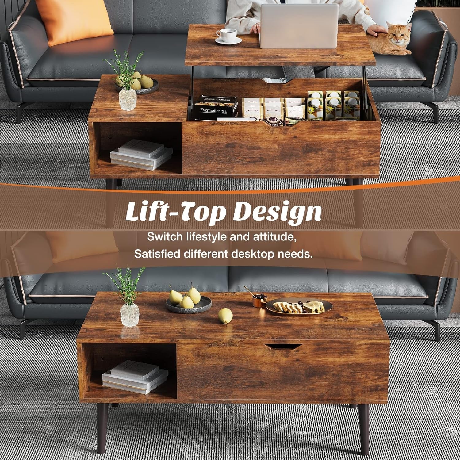 Brown Lift Top Coffee Table With Storage And Hidden Compartment