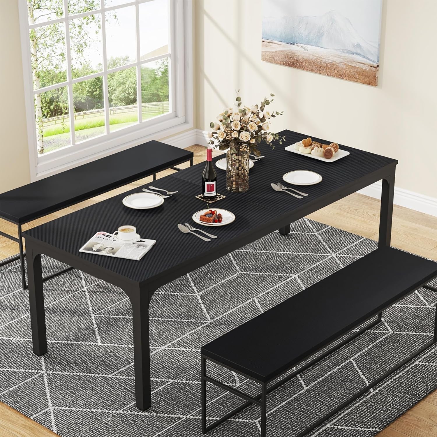 Black 78 Inch Rectangle Dining Table For 6 To 8 People