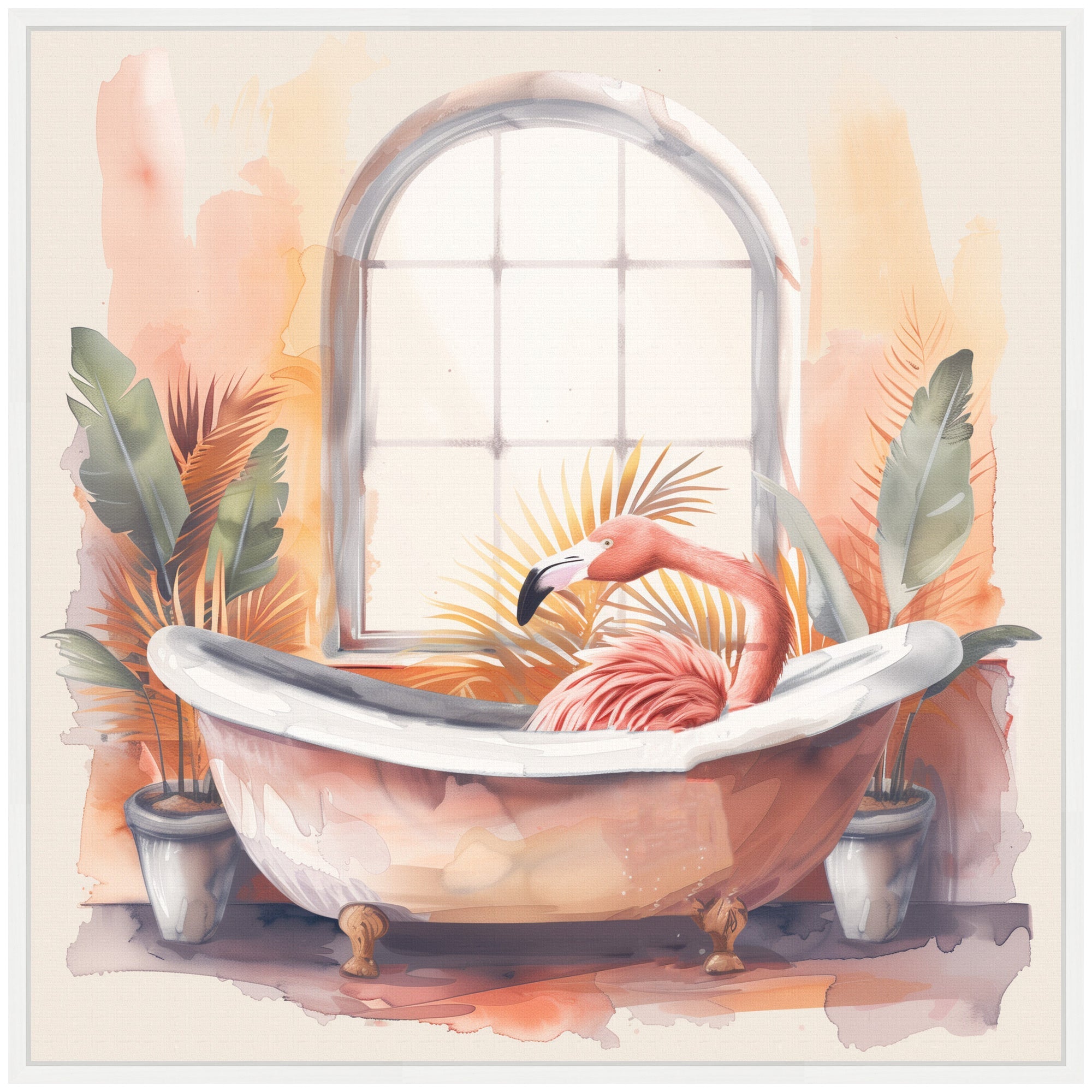 Sylvie Flamingo Bath Pastel Tropical Bathroom Watercolor Framed Canvas by The Creative Bunch Studio
