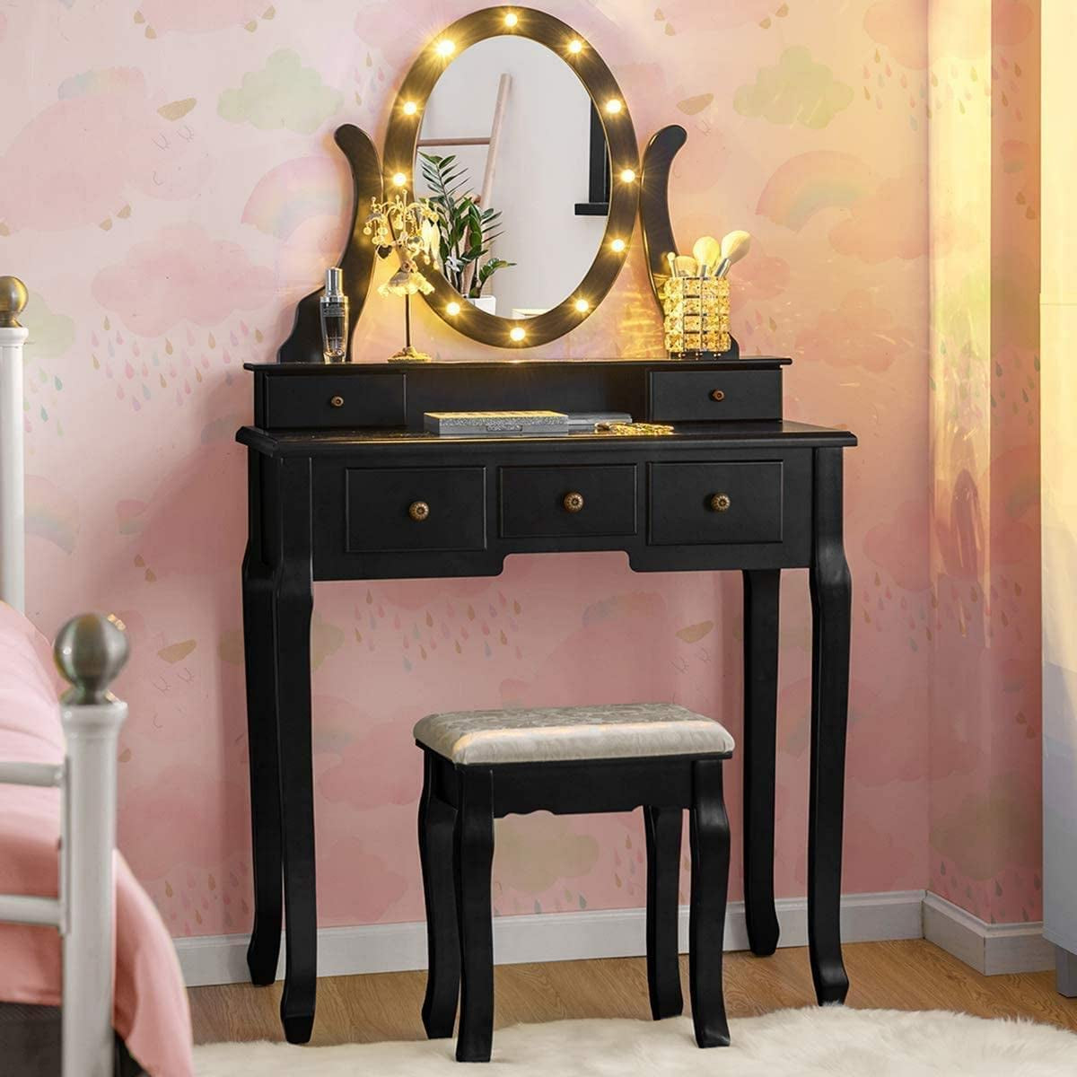 Black Vanity Dressing Table Set With Rotating LED Mirror
