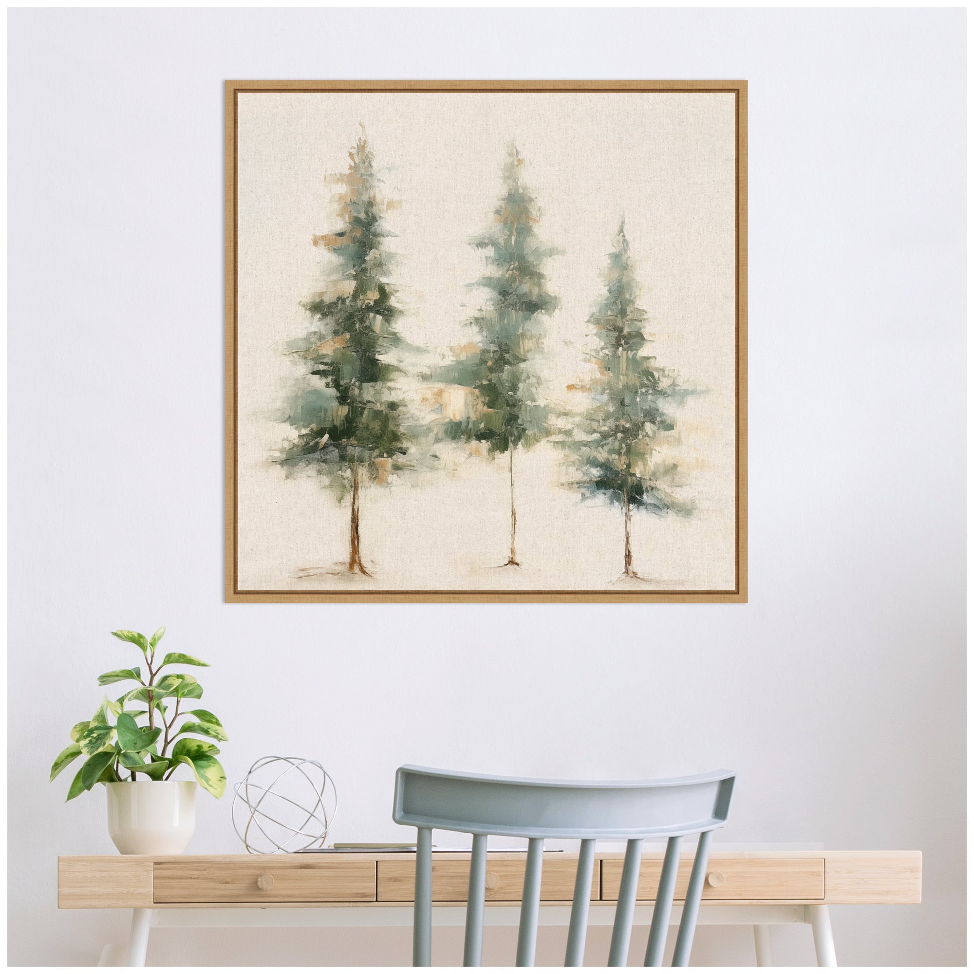 Sylvie Abstract Forest Evergreen Trees on Neutral Linen Framed Canvas by The Creative Bunch Studio