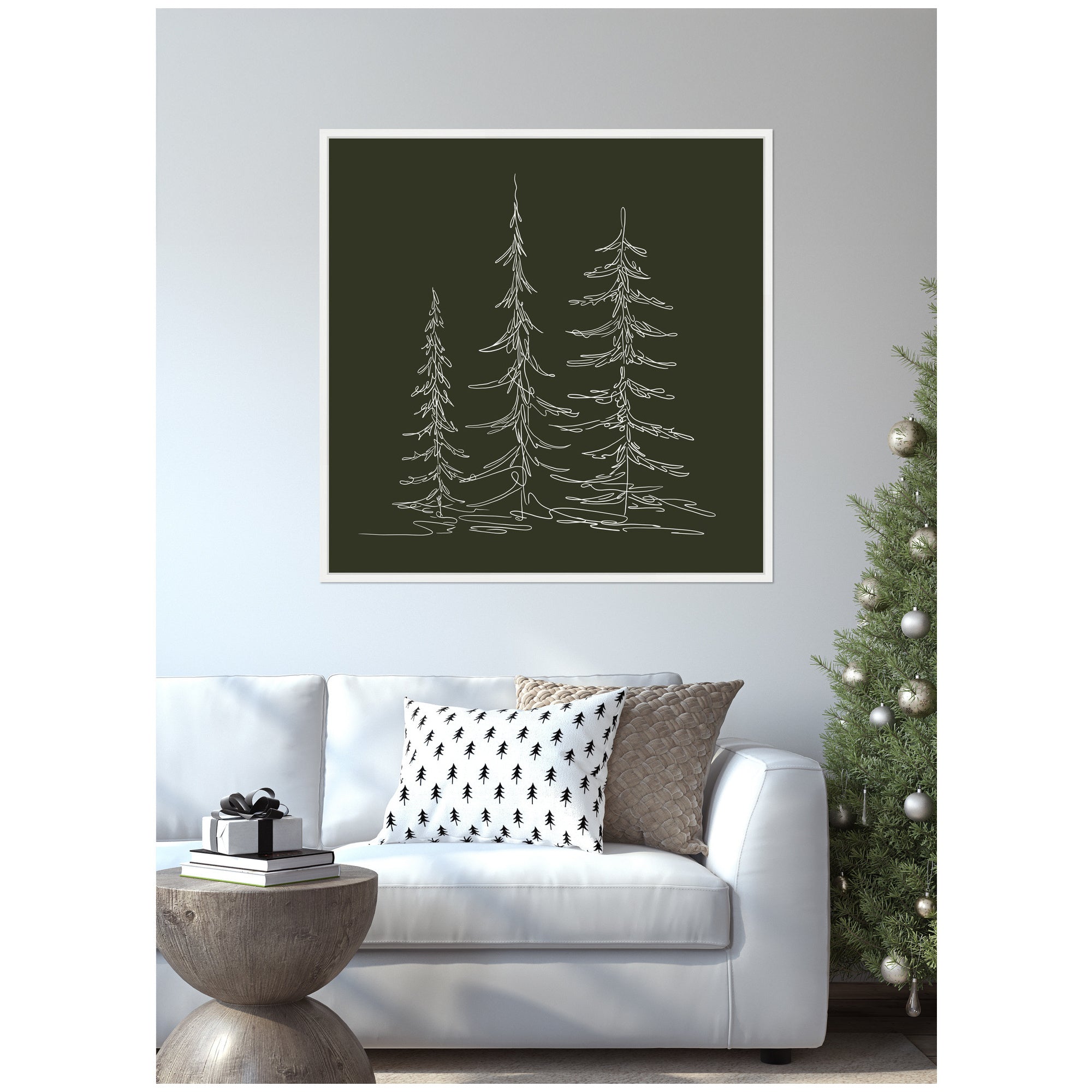 Sylvie Framed Canvas Minimalist Evergreen Trees Sketch Green by The Creative Bunch Studio