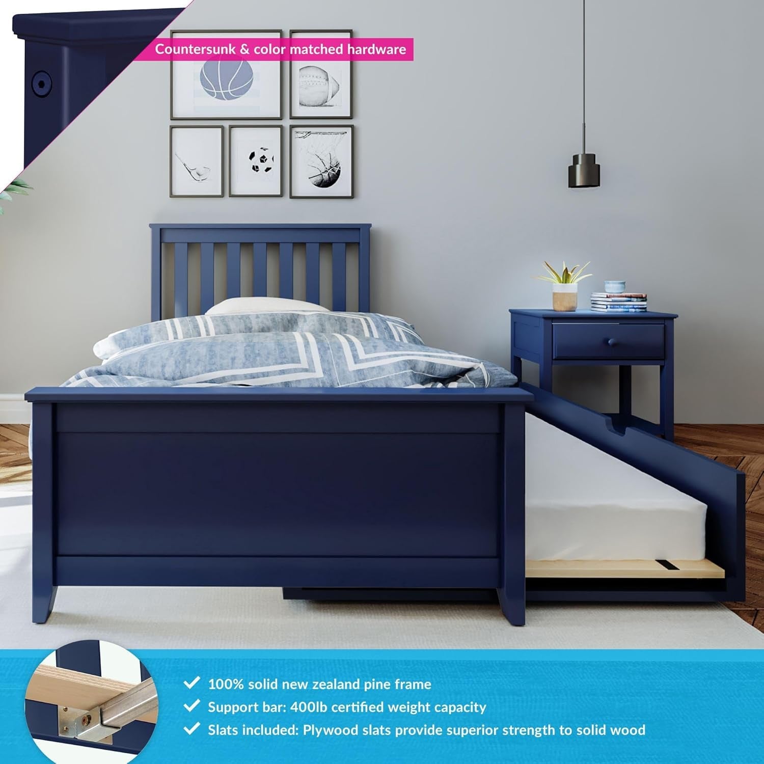 Blue Twin Bed Frame With Trundle Slatted Headboard