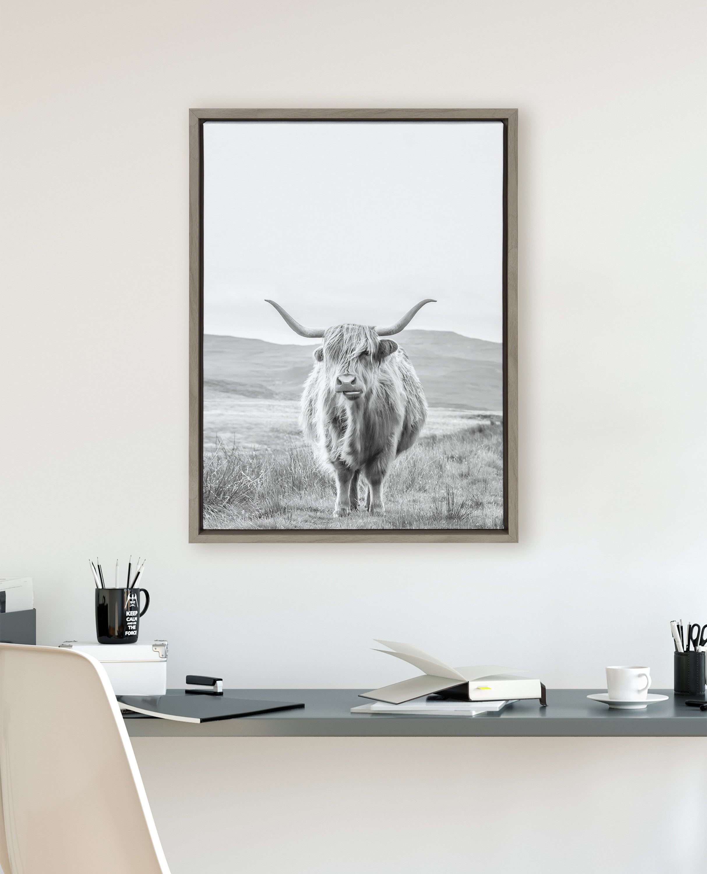 Sylvie Highland Cow Mountain Landscape Black and White Framed Canvas by The Creative Bunch Studio