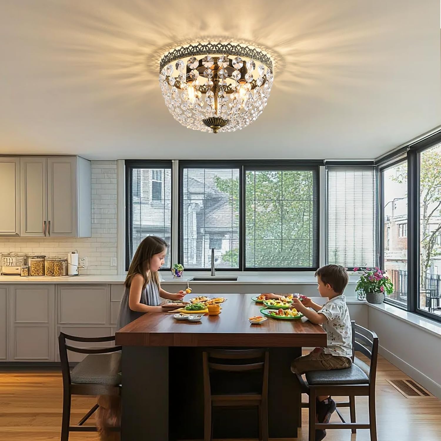 Three Light French Empire Crystal Chandelier Antique Bronze Dimmable Flush Mount-2