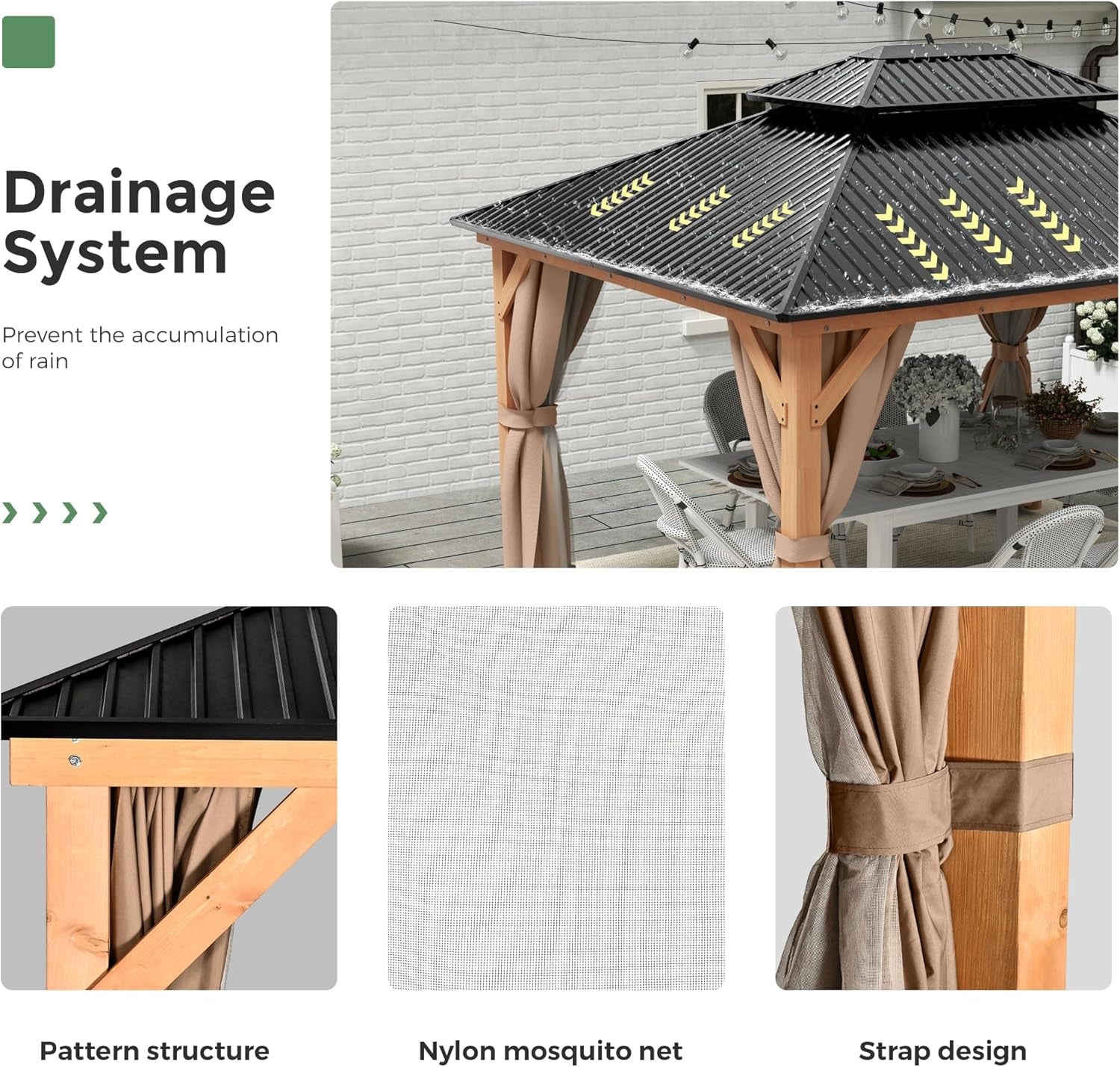 11x13 Wood Gazebo With Durable Outdoor Galvanized Steel Roof Netting And Curtains In Brown