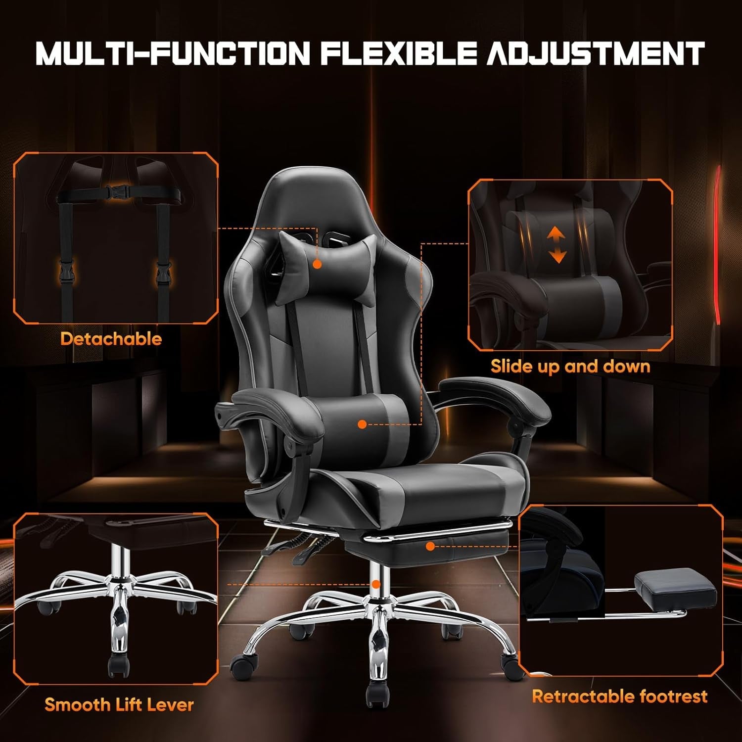 Ergonomic Gaming Chair With Footrest And Lumbar Grey