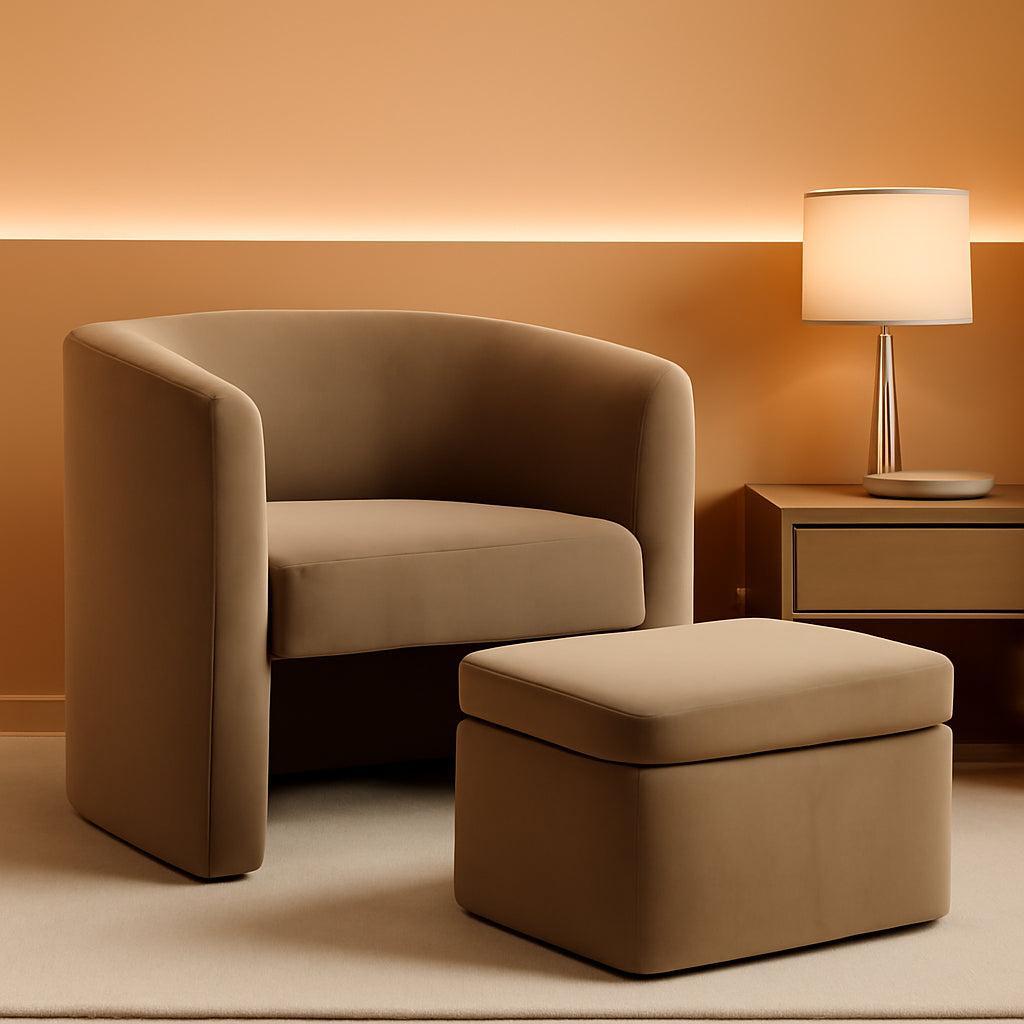 Khaki Velvet Barrel Chair With Storage Ottoman Compact