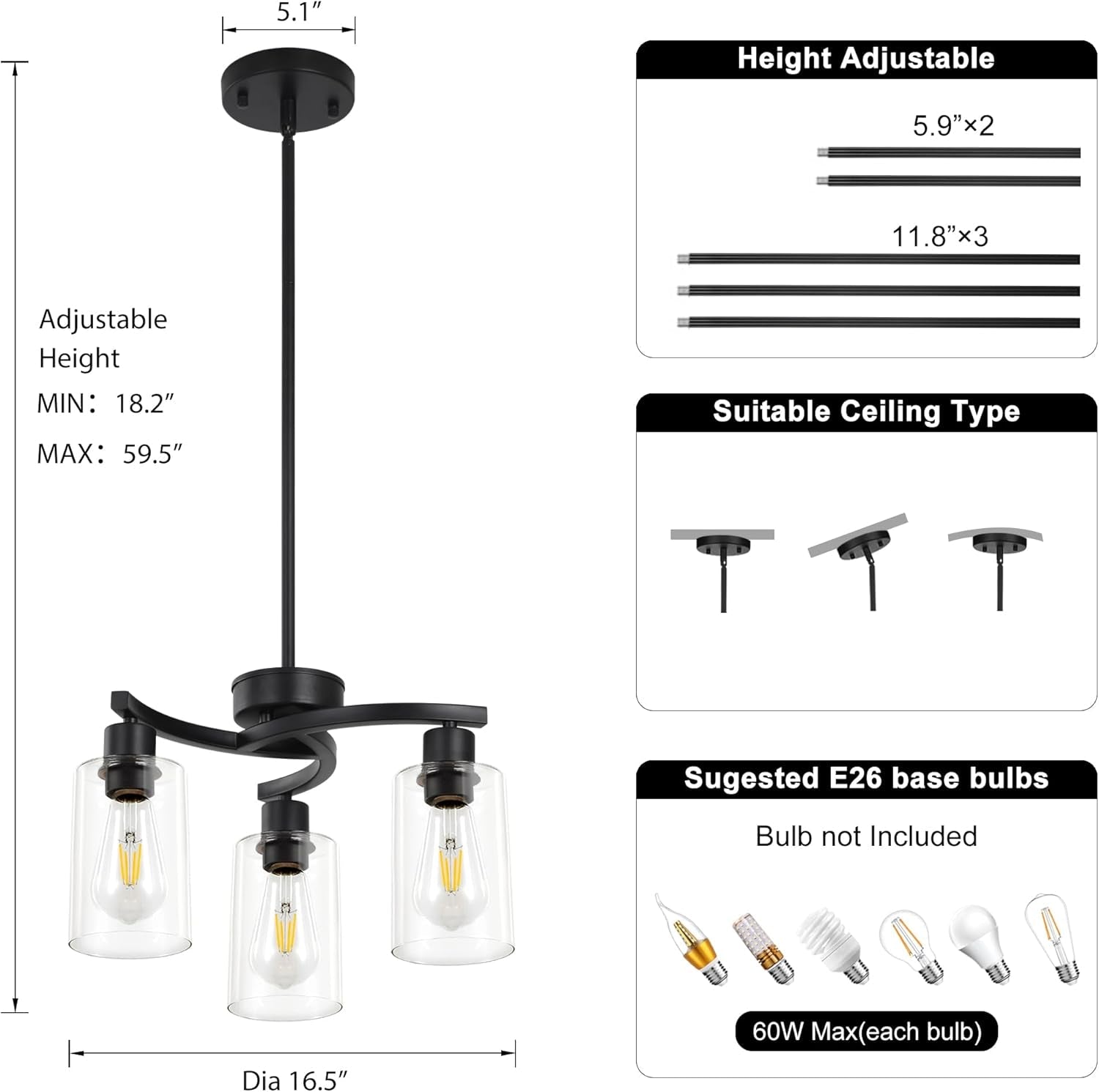 Three Light Black Dining Chandeliers For Kitchen Island-4
