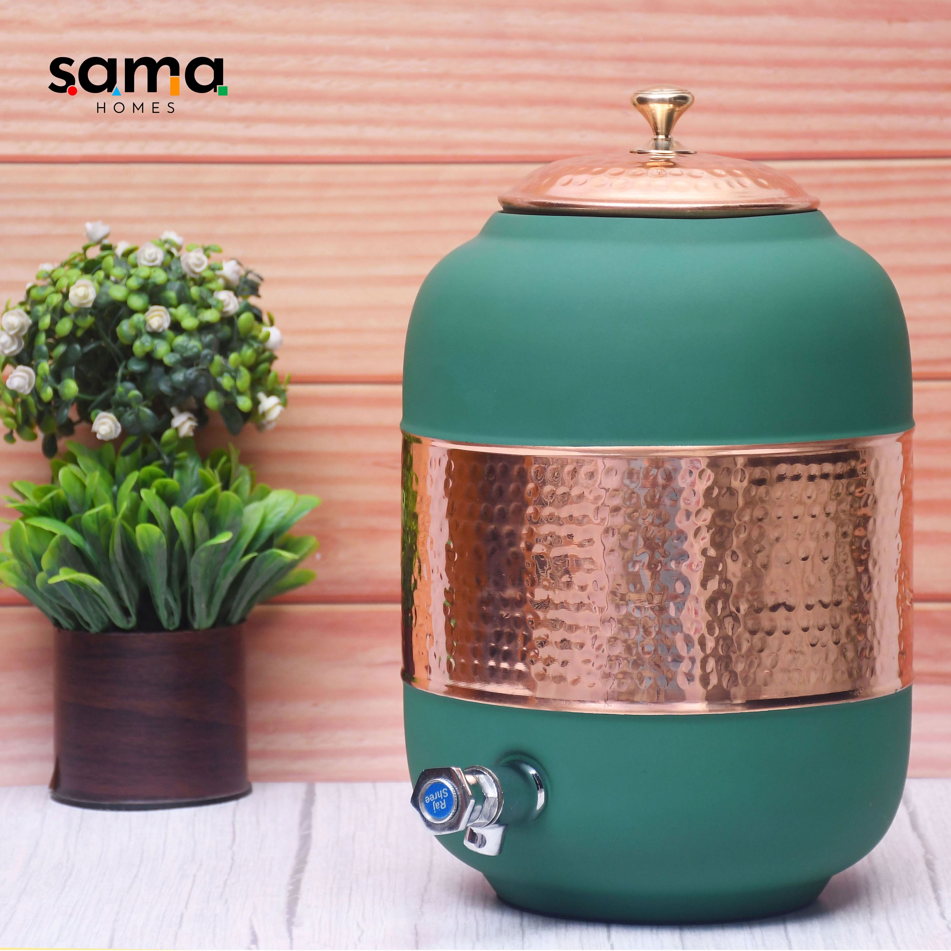 Pure Copper Silk Green Half Hammered Water Dispenser (Matka) Capacity 8000ML-0