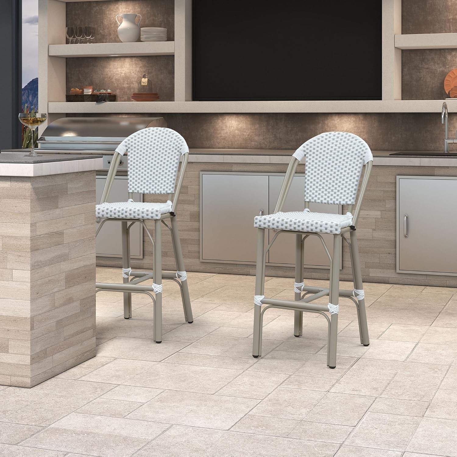 French Style Outdoor Bar Stools Set Of 2 27 Inch White And Grey