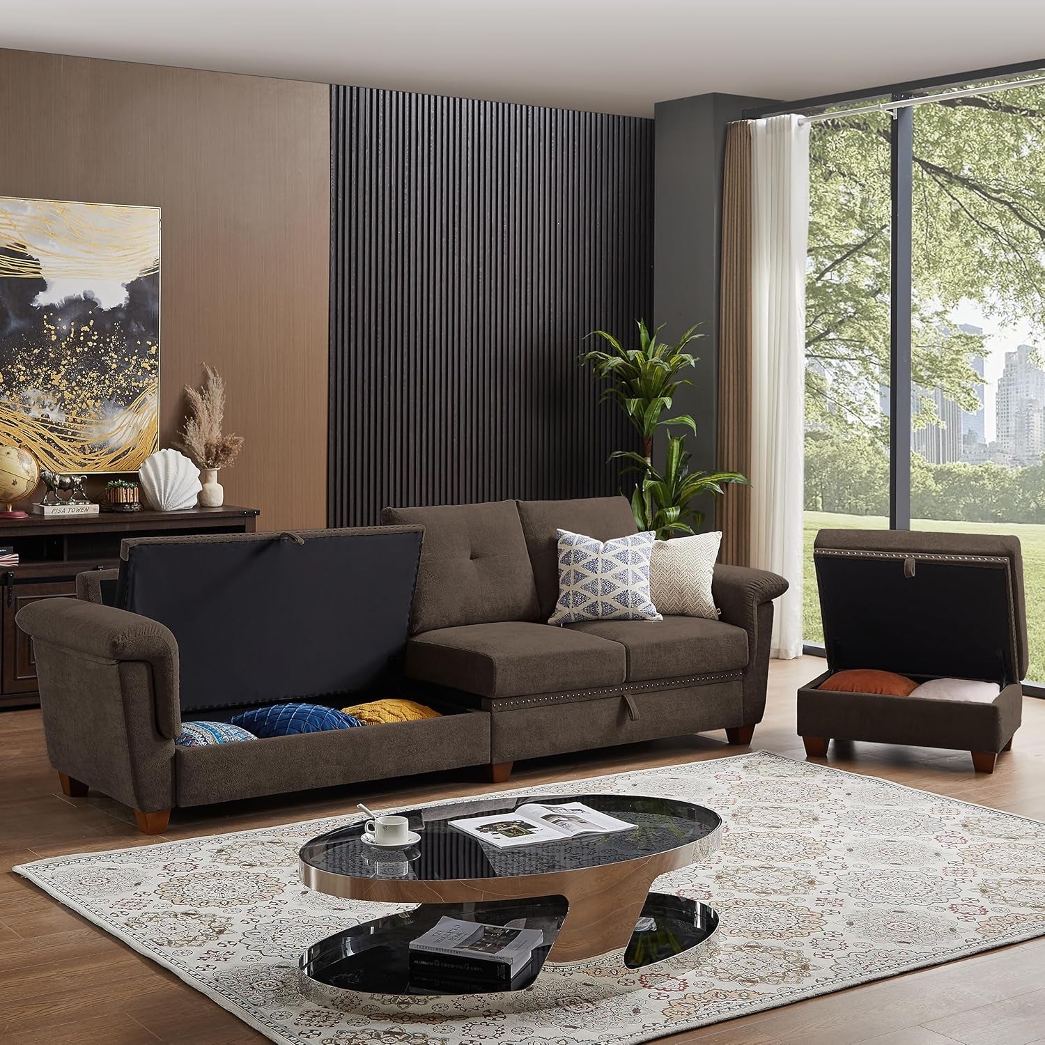 110 Inch Convertible Sectional Sofa With Storage Microfiber L Shaped Couch Ottoman Cup Holders