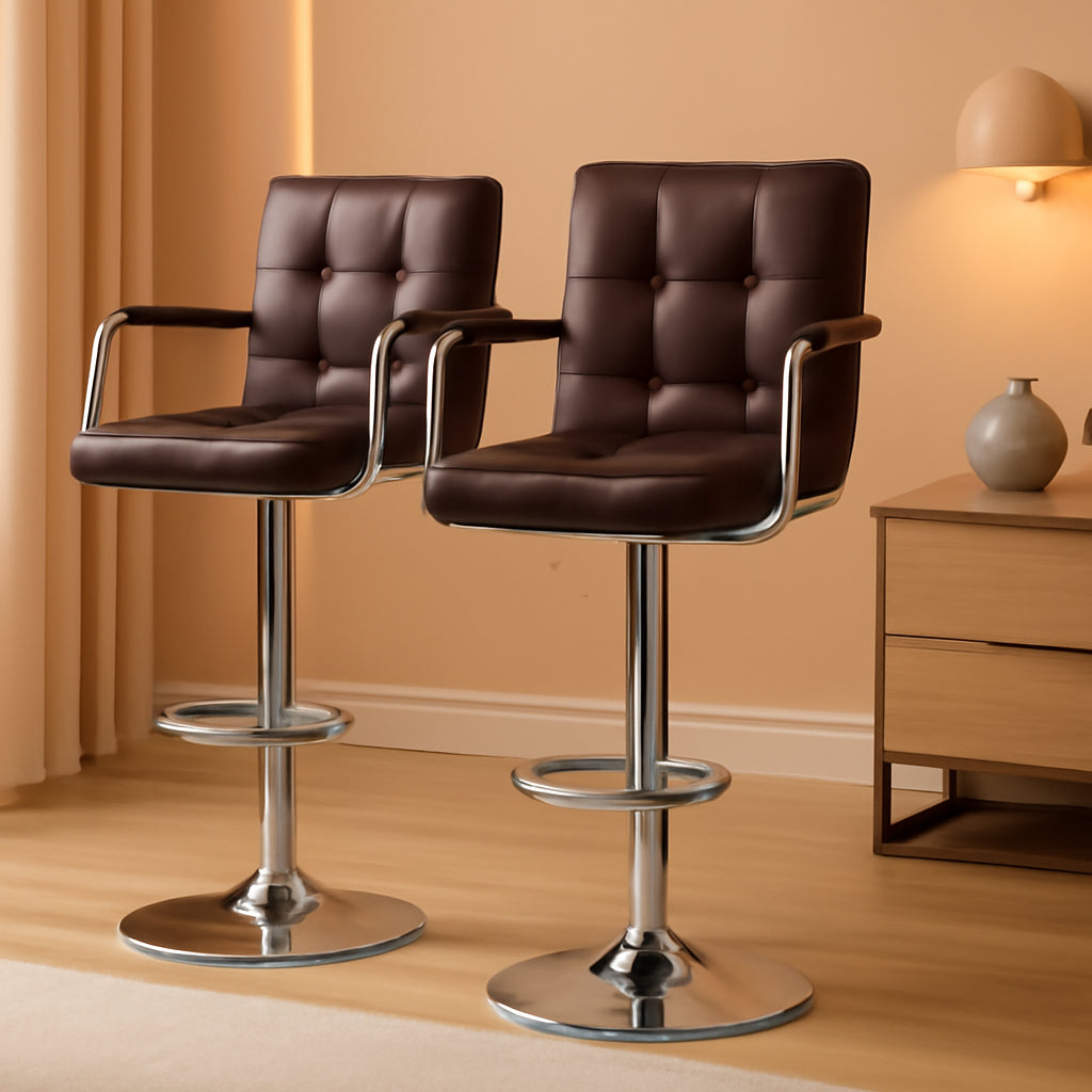 Adjustable Bar Stools Set Of 2 360 Swivel Brown PU Leather