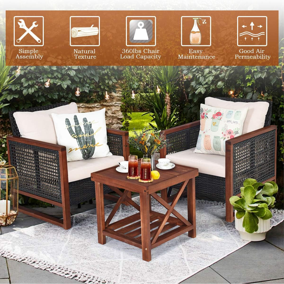 3 Piece Patio Wicker Furniture Set With Beige Washable Cushions And Acacia Wood Coffee Table